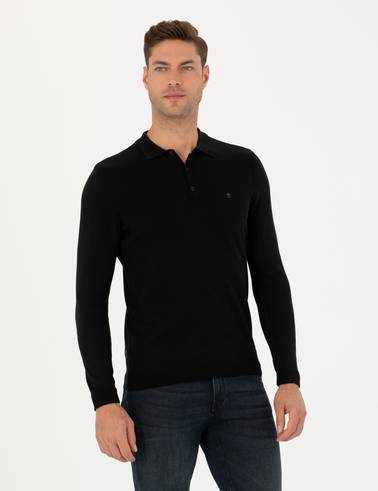Siyah Slim Fit Polo Yaka Basic Triko Kazak
