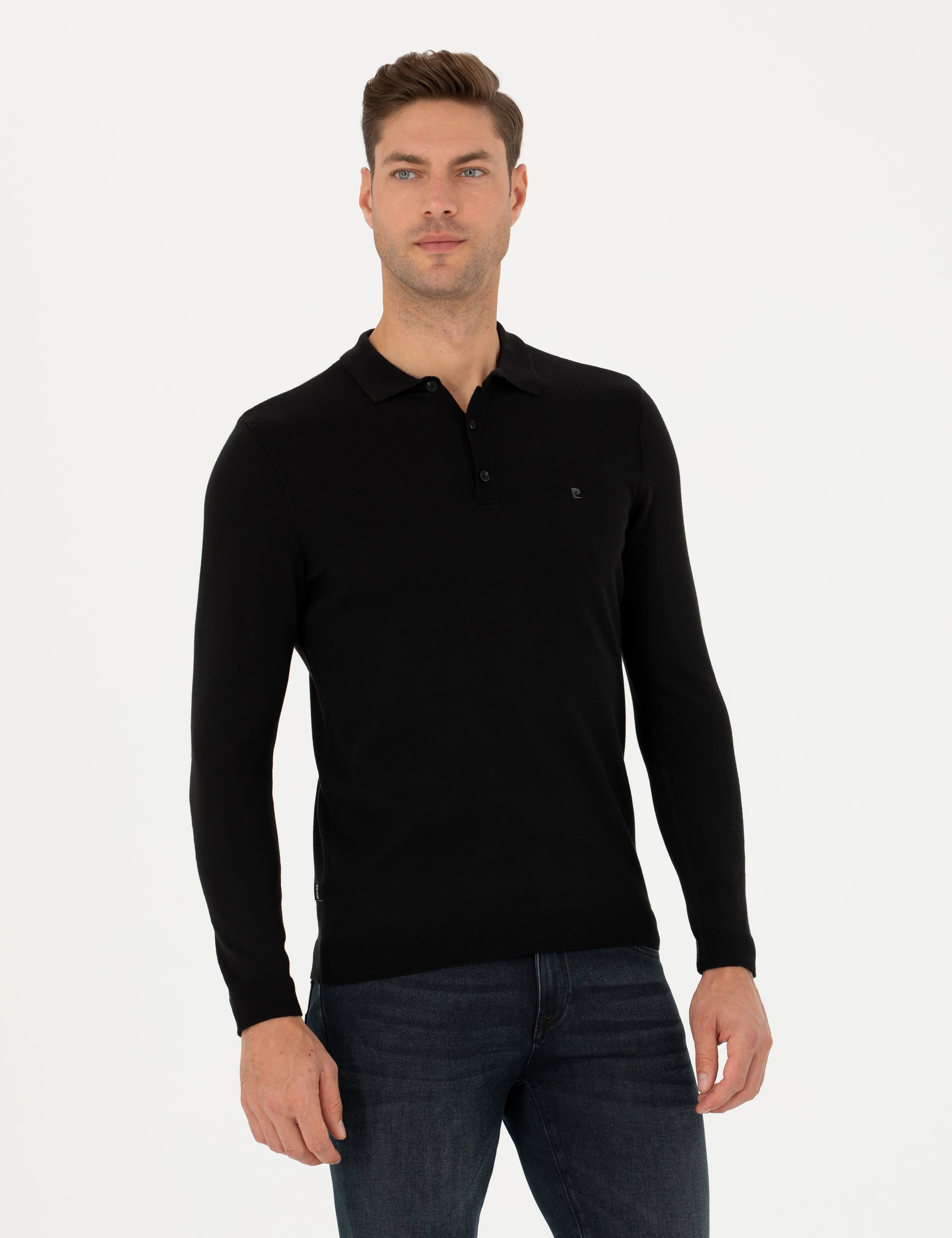 Siyah Slim Fit Polo Yaka Basic Triko Kazak
