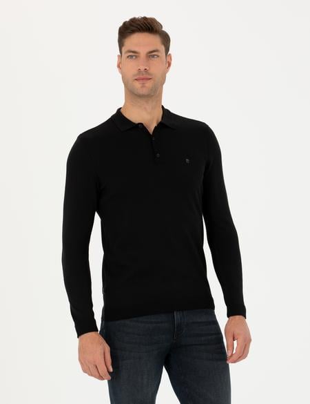 Siyah Slim Fit Polo Yaka Basic Triko Kazak - 50276350019