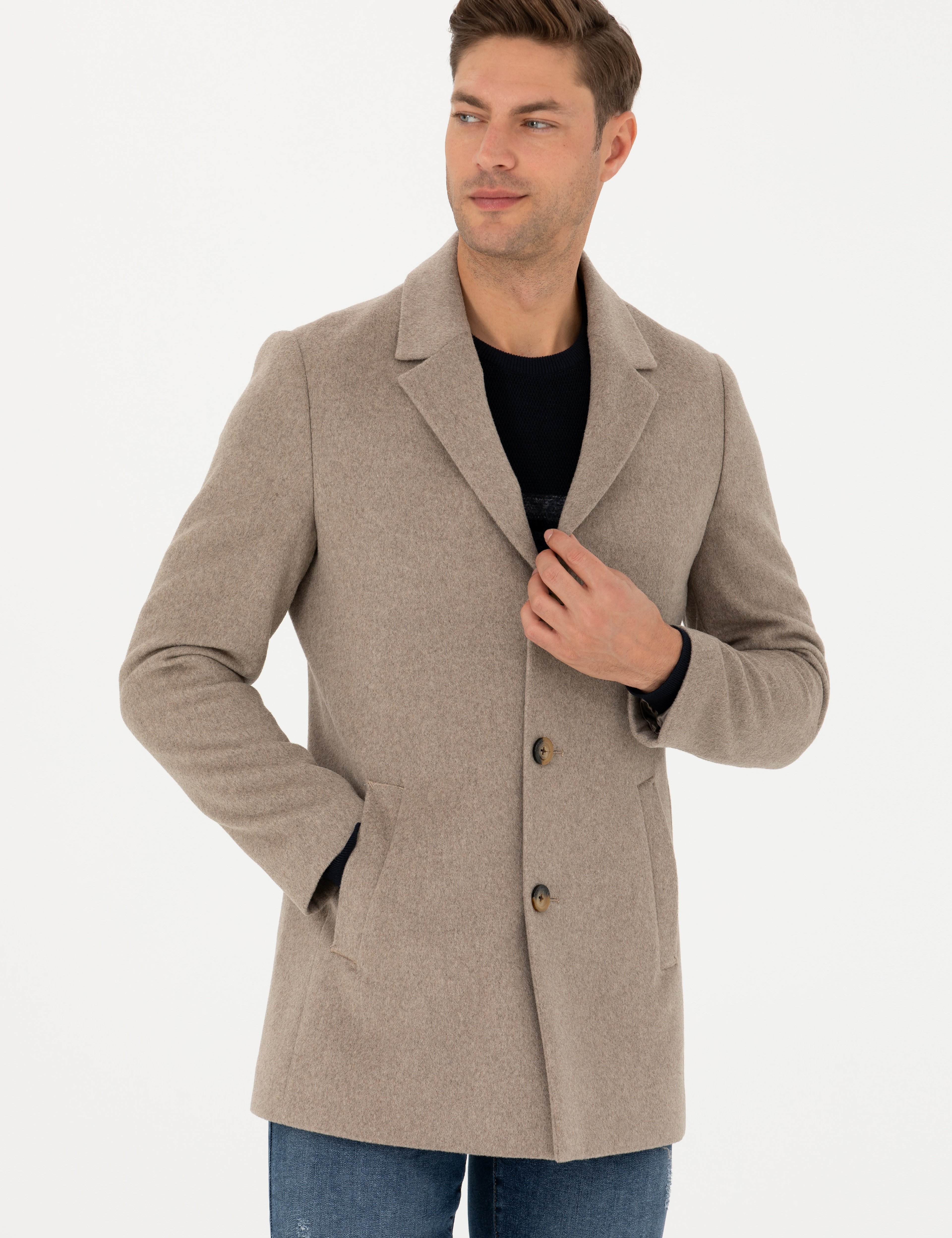 Bej Yün Karışımlı Slim Fit Kaşe Kaban - Image 2