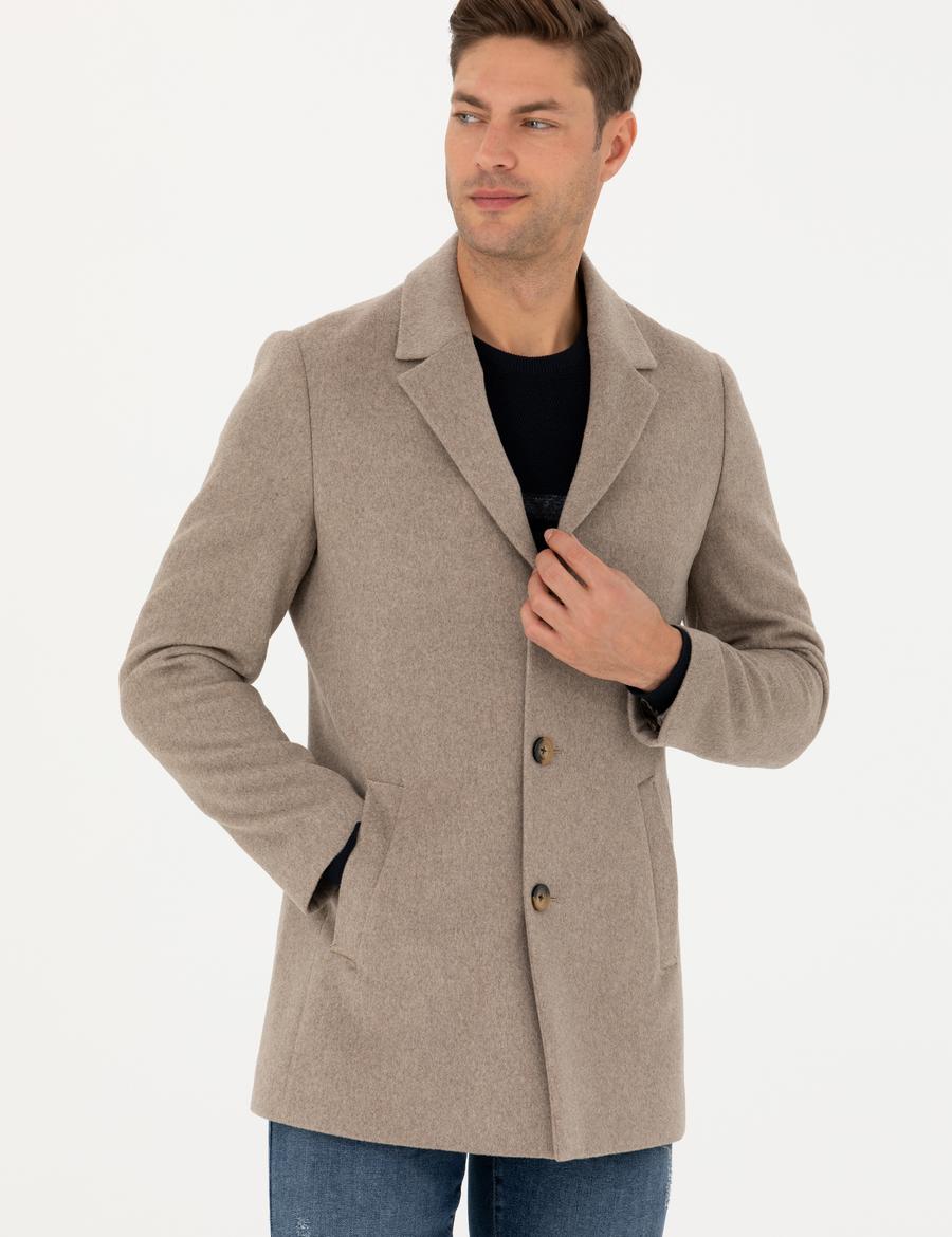 Bej Yün Karışımlı Slim Fit Kaşe Kaban