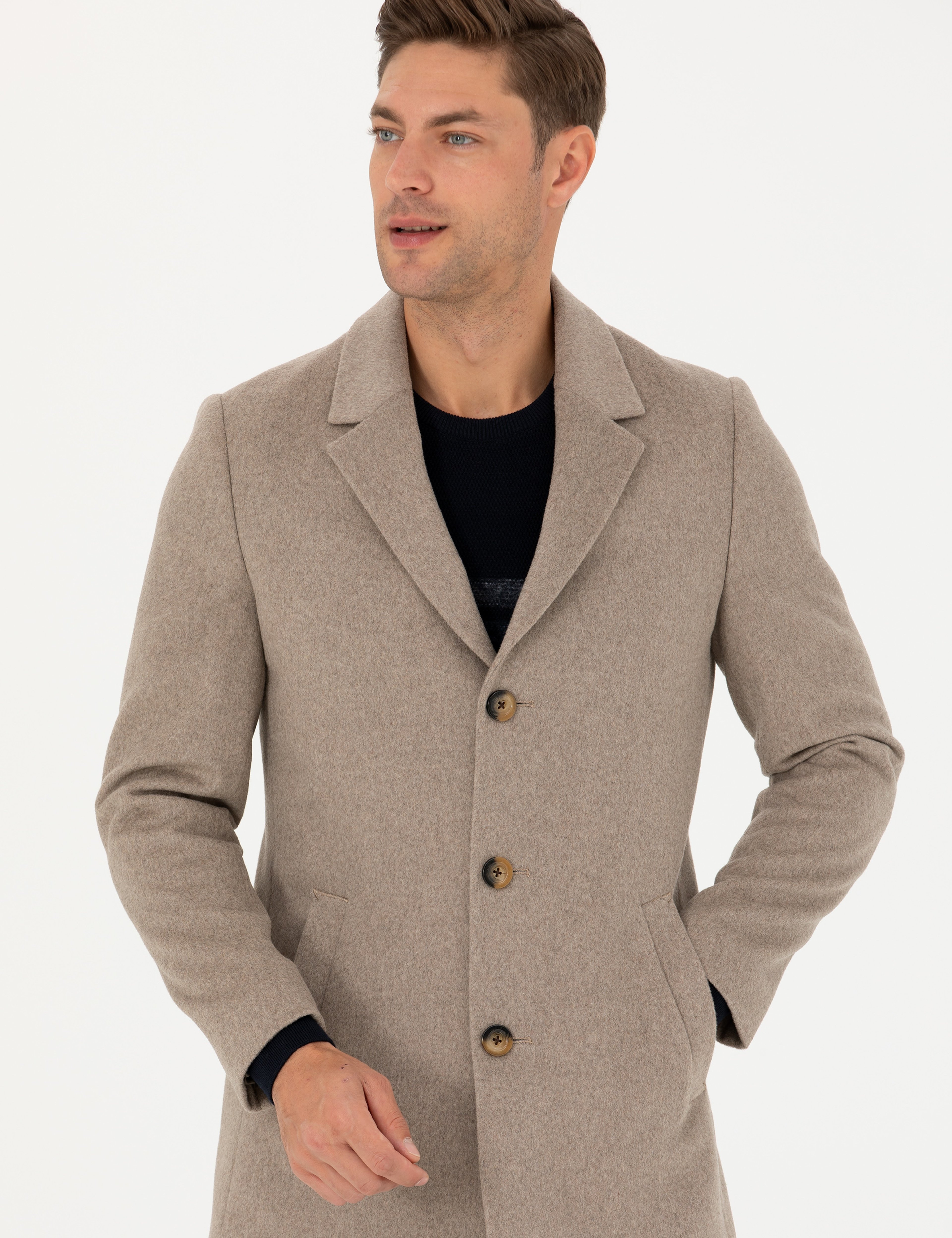 Bej Yün Karışımlı Slim Fit Kaşe Kaban - Image 4