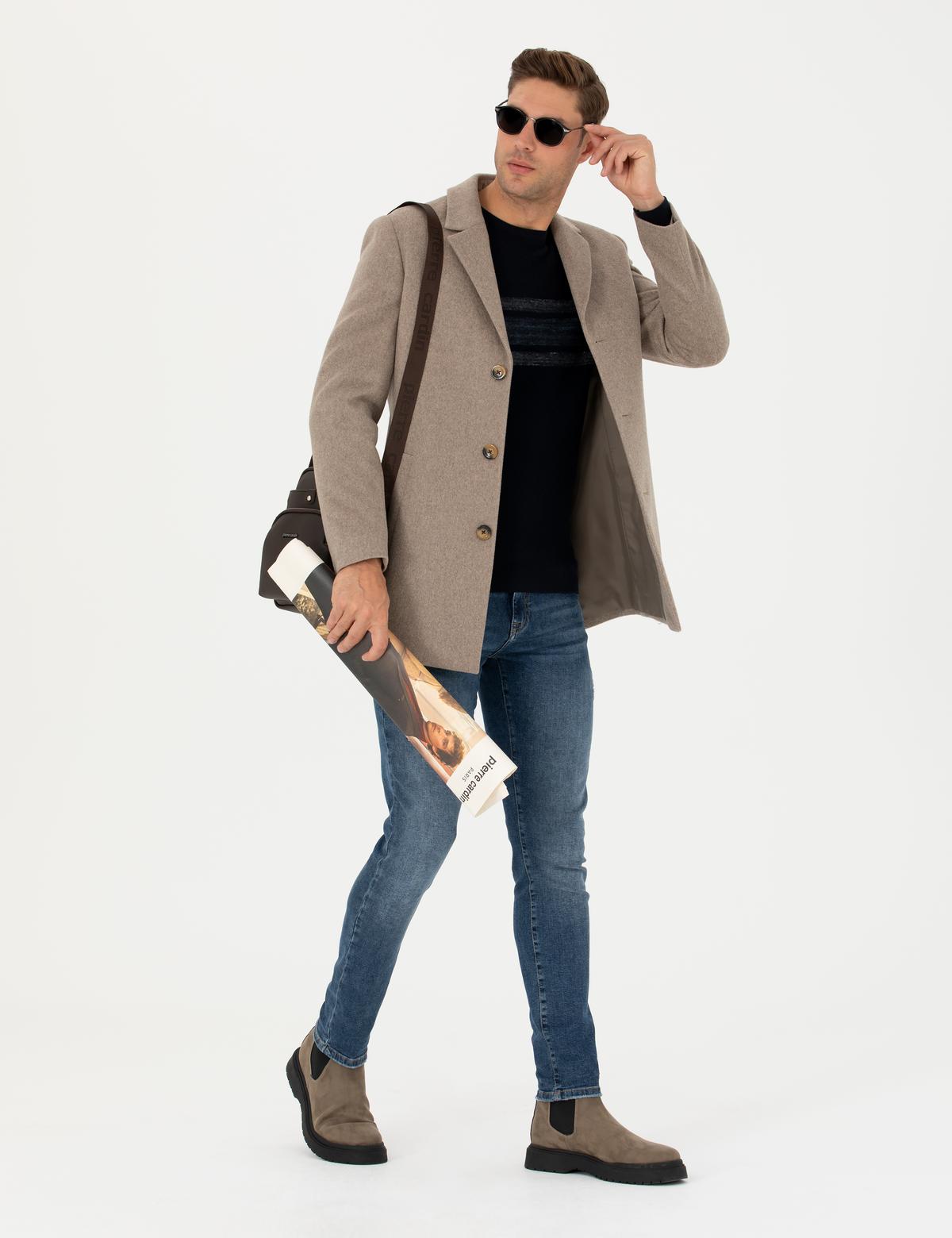 Bej Yün Karışımlı Slim Fit Kaşe Kaban - 50270887027