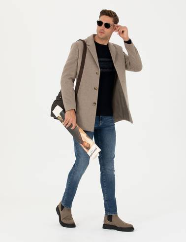 Bej Yün Karışımlı Slim Fit Kaşe Kaban
