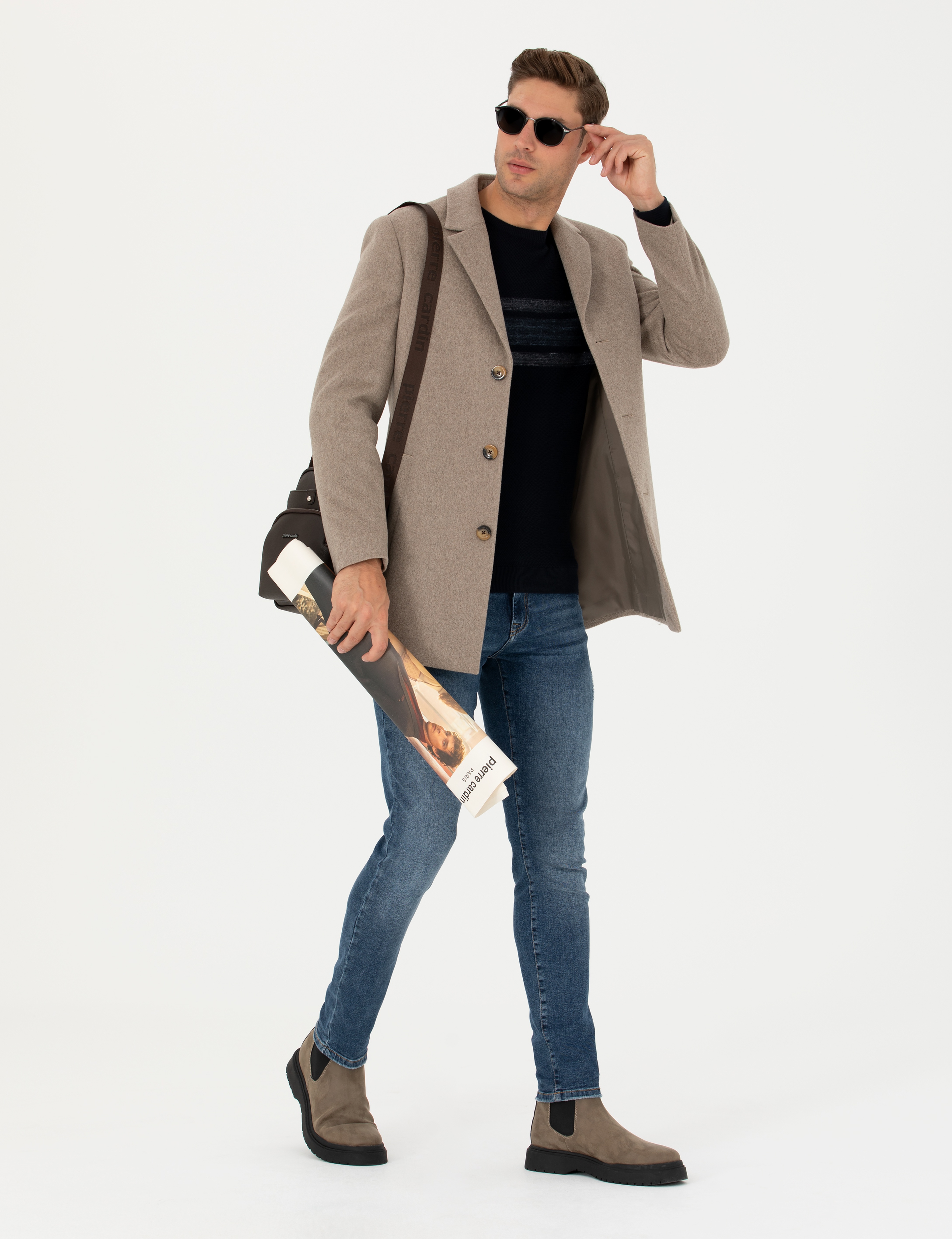 Bej Yün Karışımlı Slim Fit Kaşe Kaban - Image 3