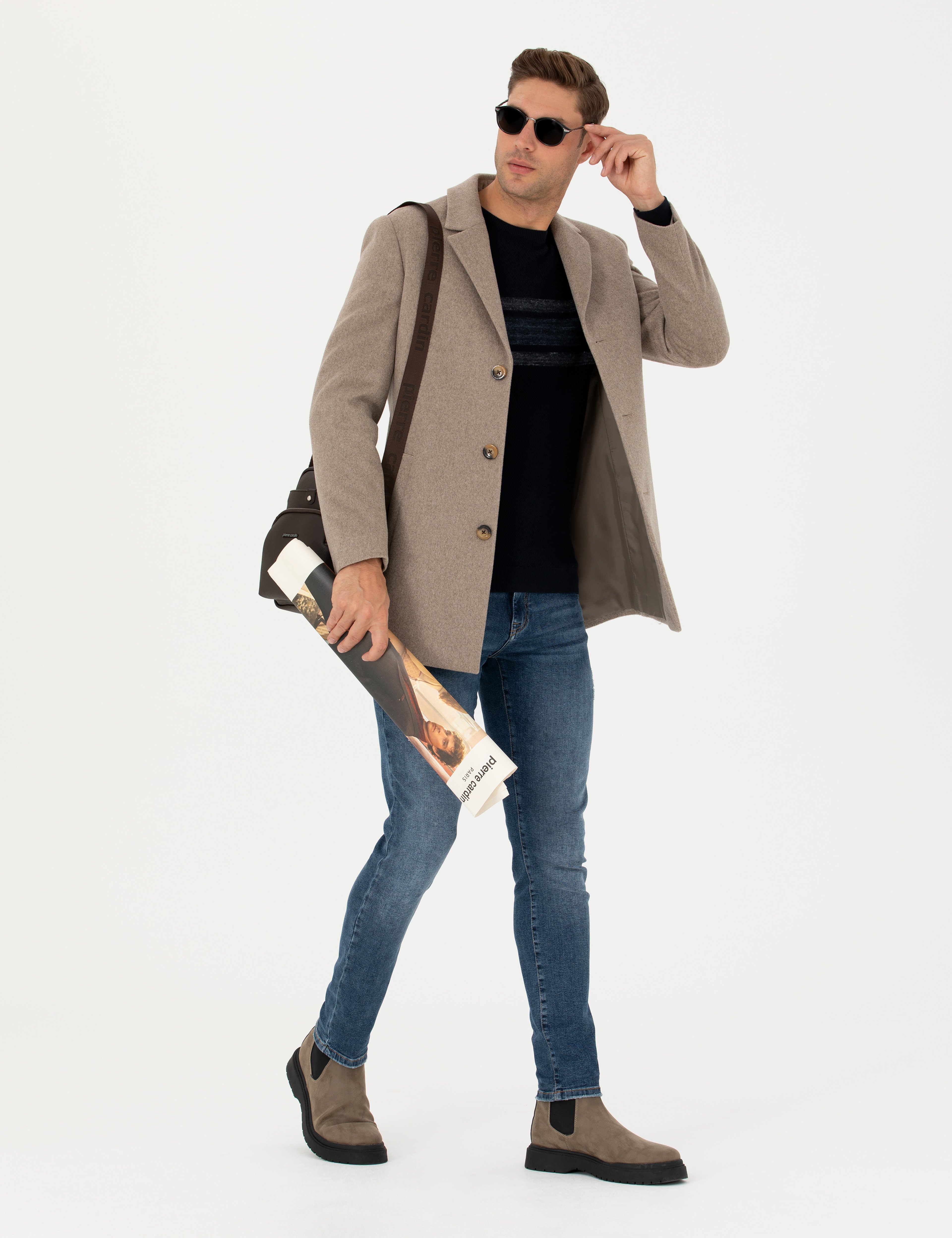 Bej Yün Karışımlı Slim Fit Kaşe Kaban
