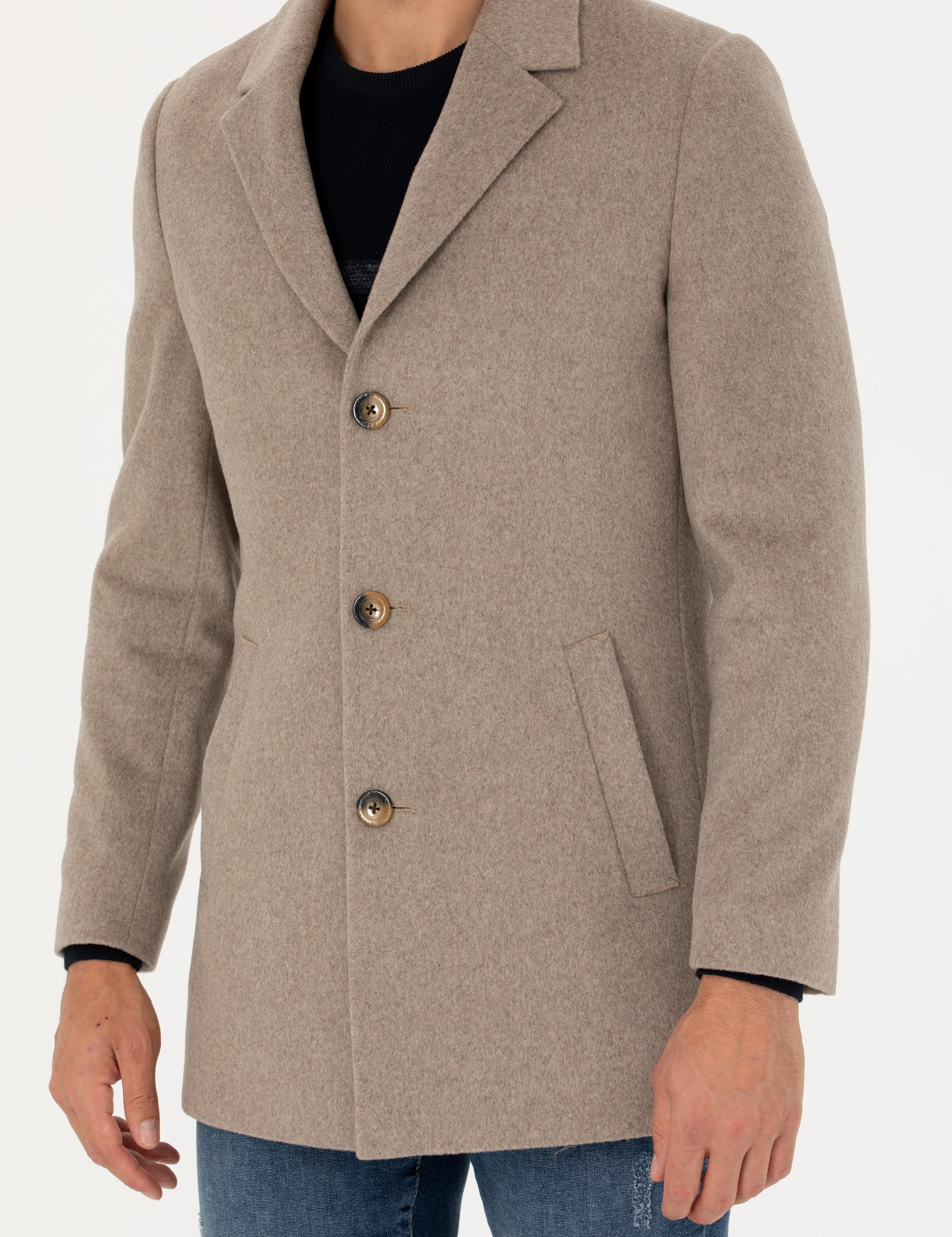 Bej Yün Karışımlı Slim Fit Kaşe Kaban