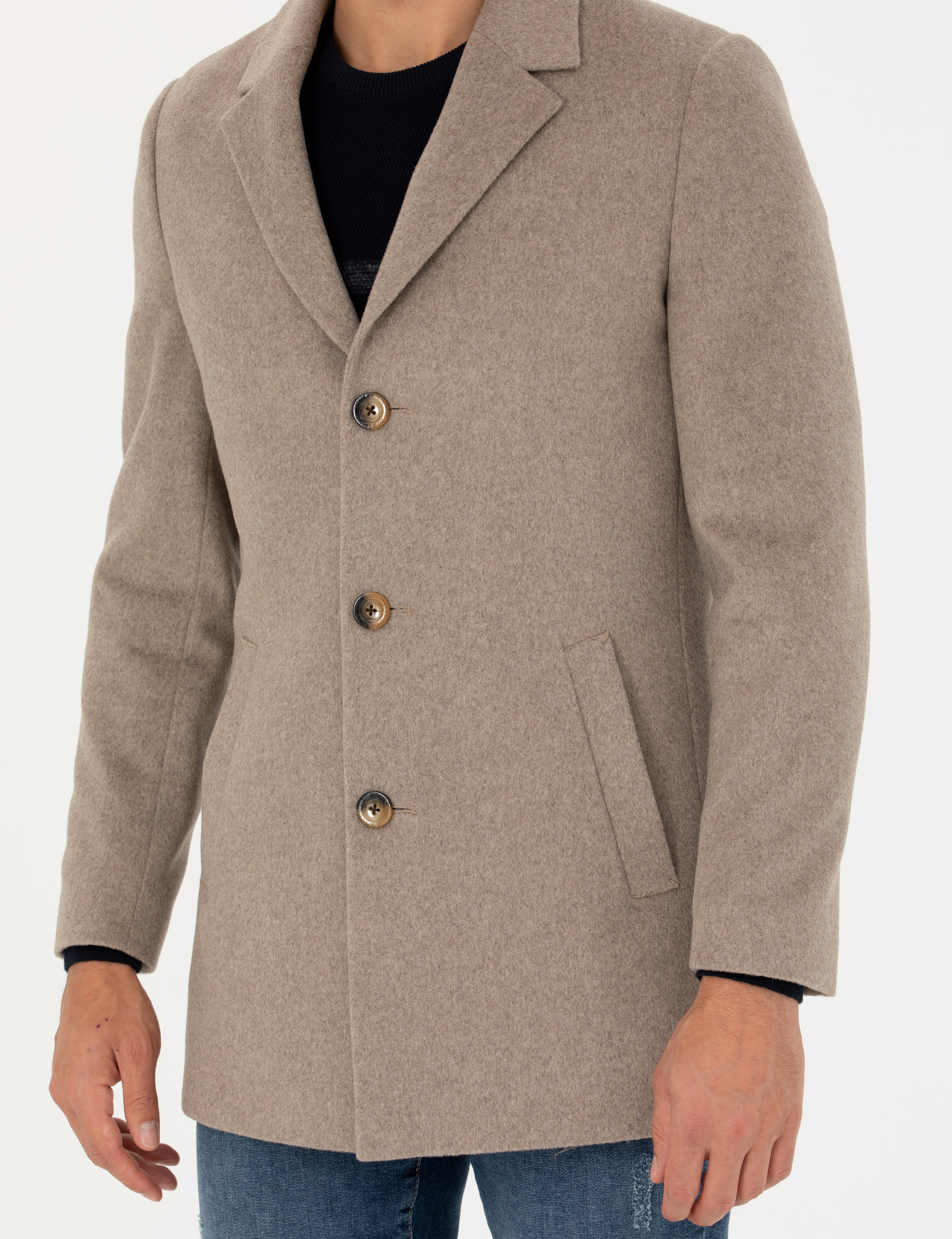 Bej Yün Karışımlı Slim Fit Kaşe Kaban - Image 7
