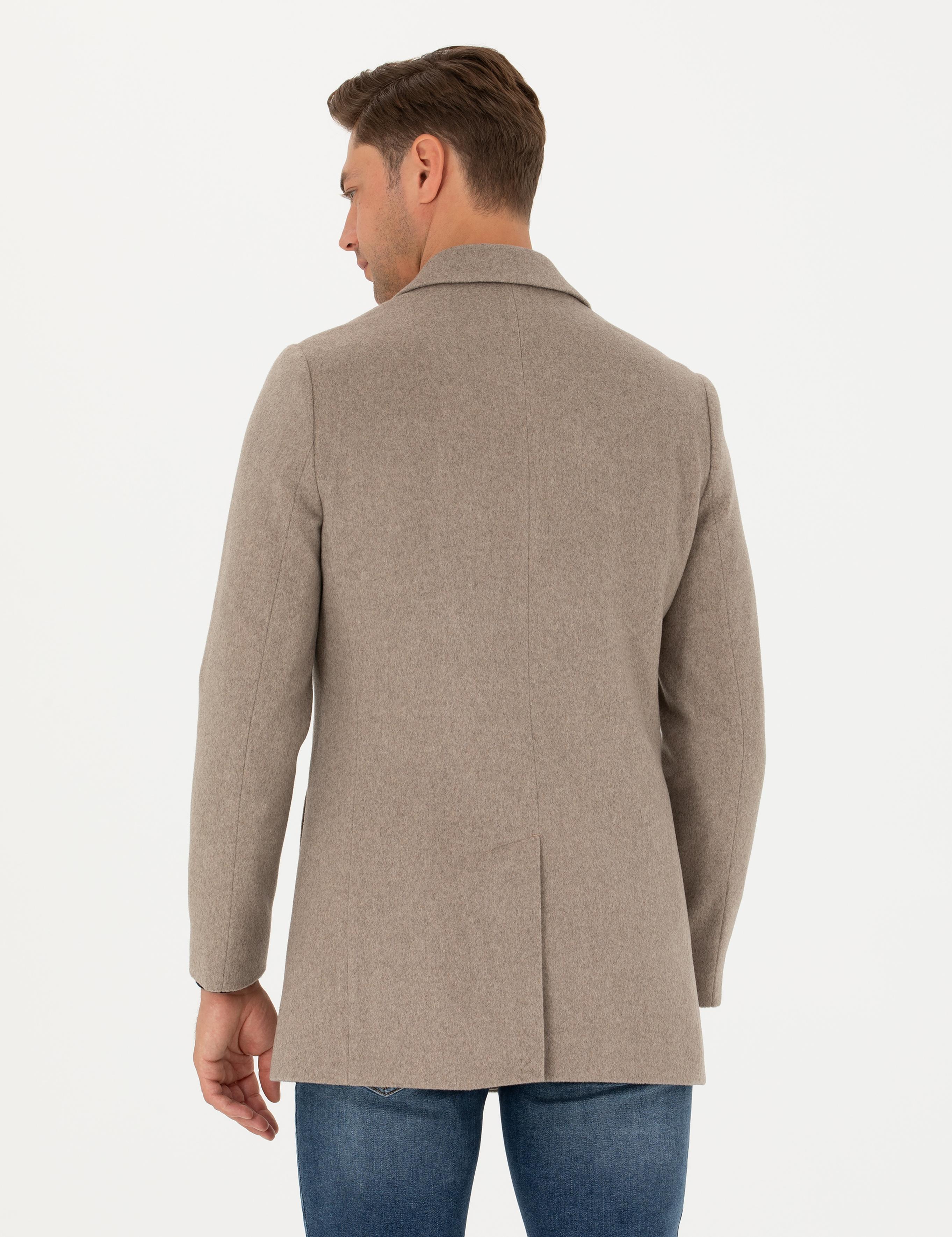 Bej Yün Karışımlı Slim Fit Kaşe Kaban