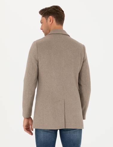 Bej Yün Karışımlı Slim Fit Kaşe Kaban