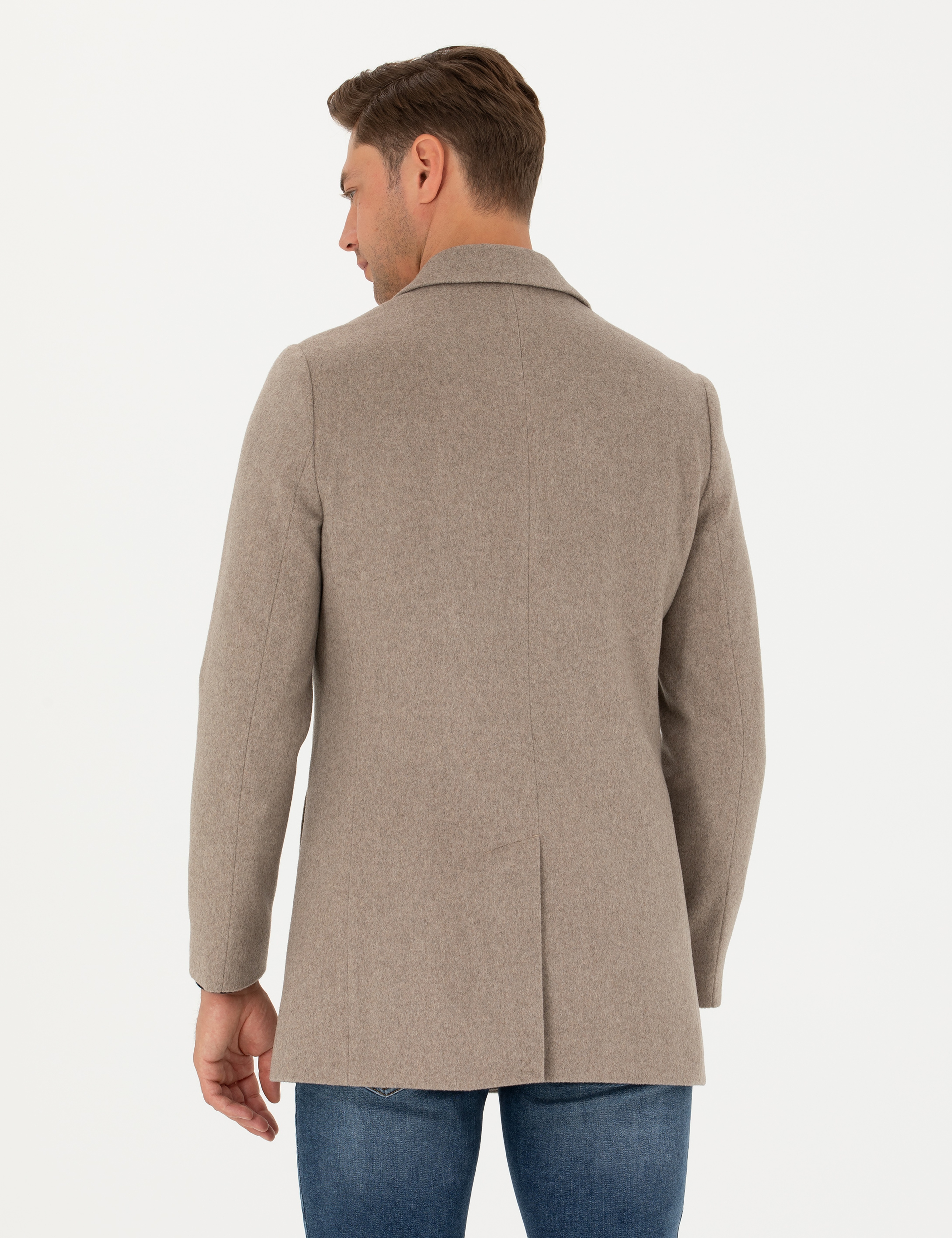 Bej Yün Karışımlı Slim Fit Kaşe Kaban - Image 6