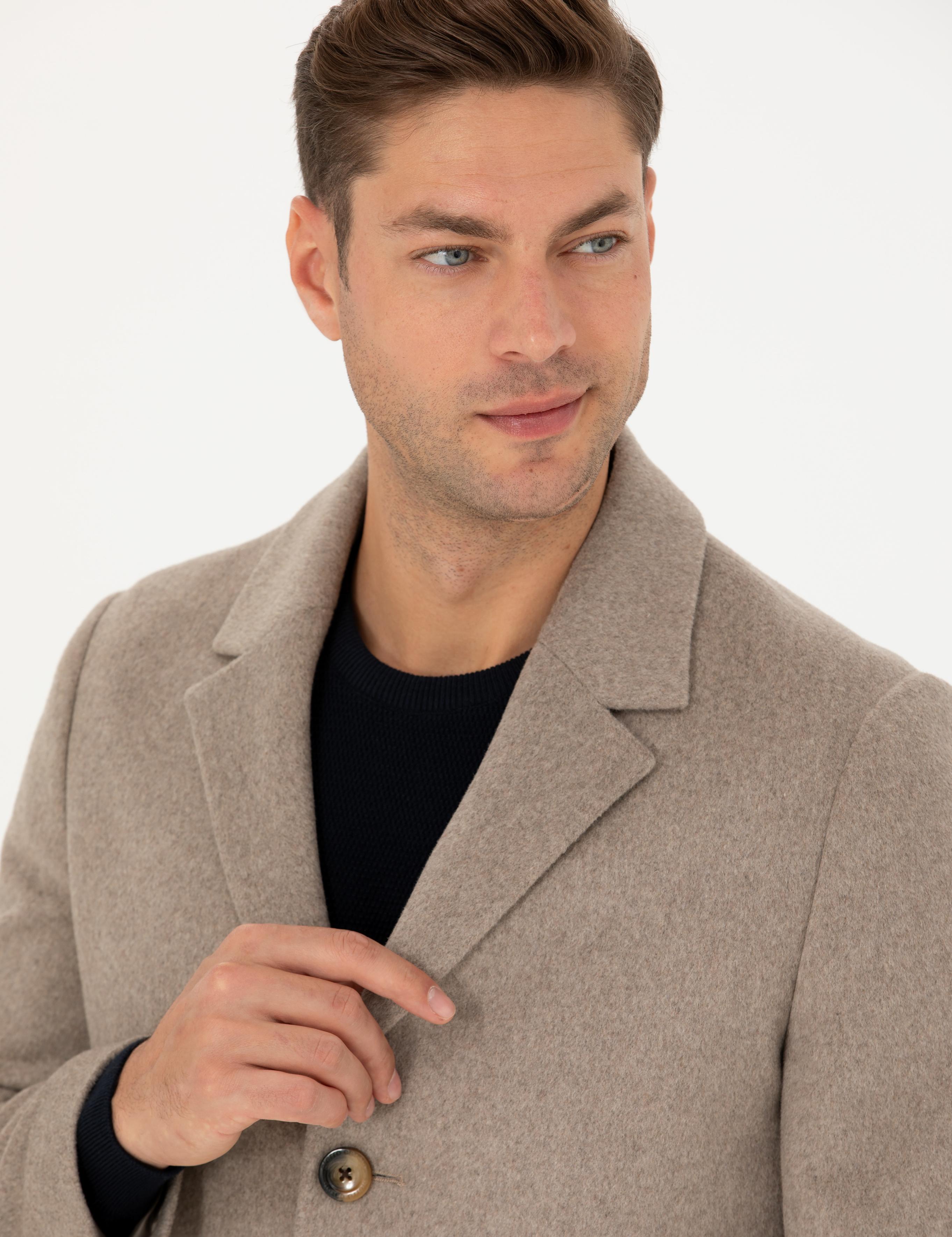 Bej Yün Karışımlı Slim Fit Kaşe Kaban