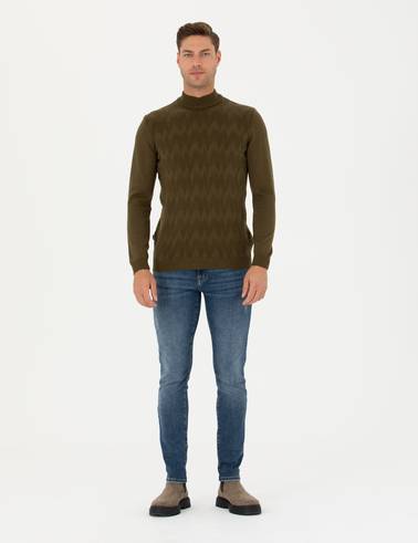 Haki Slim Fit Yarım Balıkçı Yaka Triko Kazak