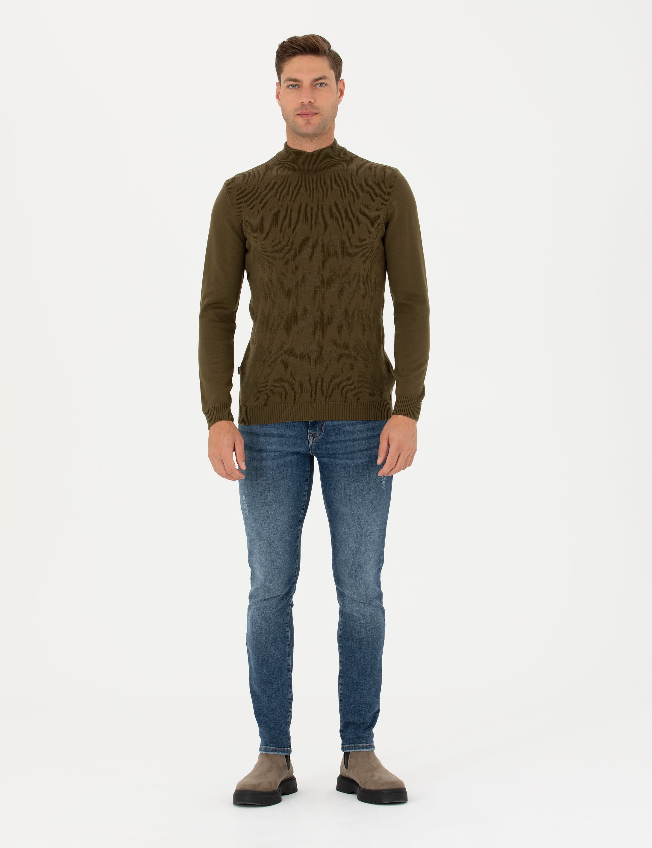Haki Slim Fit Yarım Balıkçı Yaka Triko Kazak