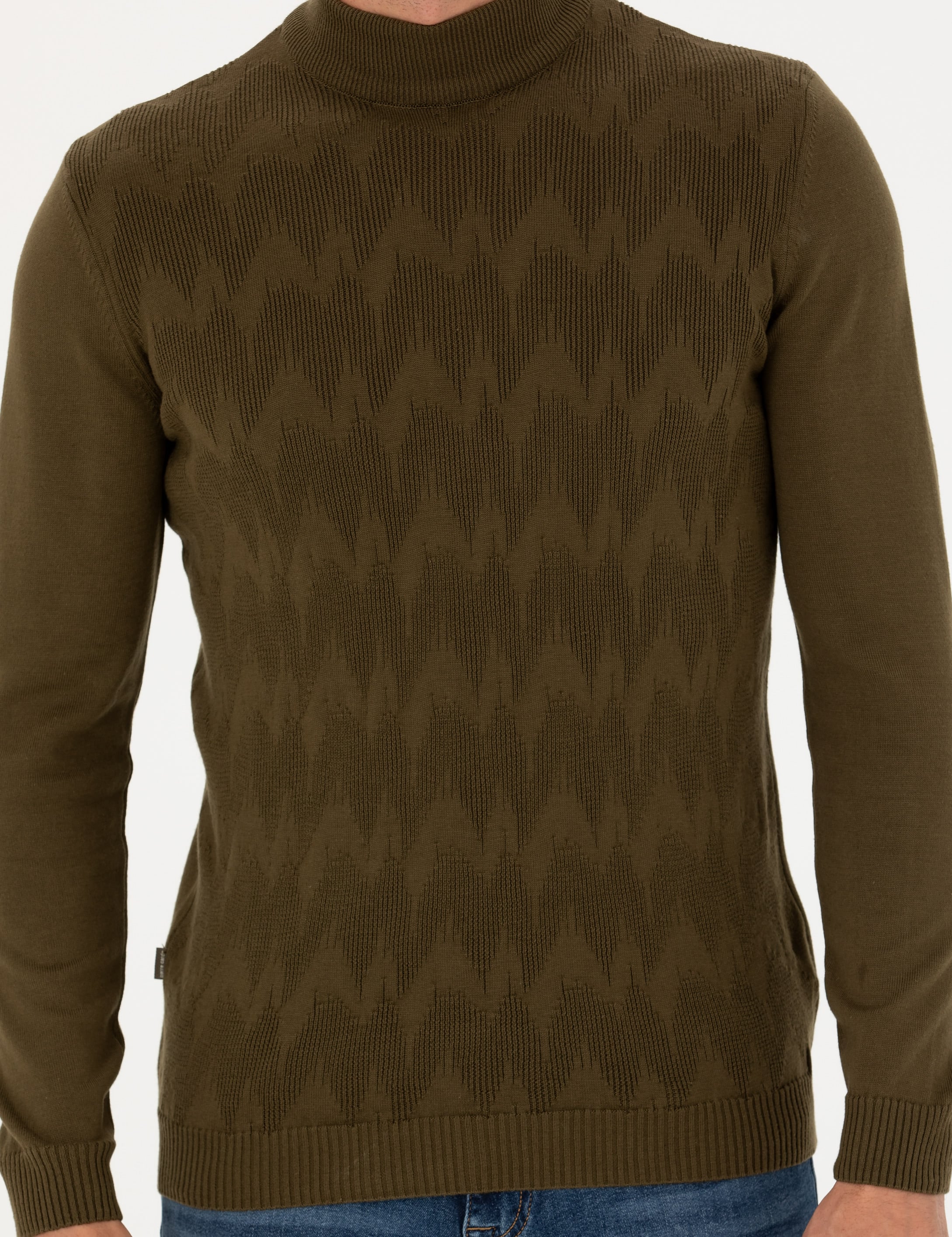 Haki Slim Fit Yarım Balıkçı Yaka Triko Kazak