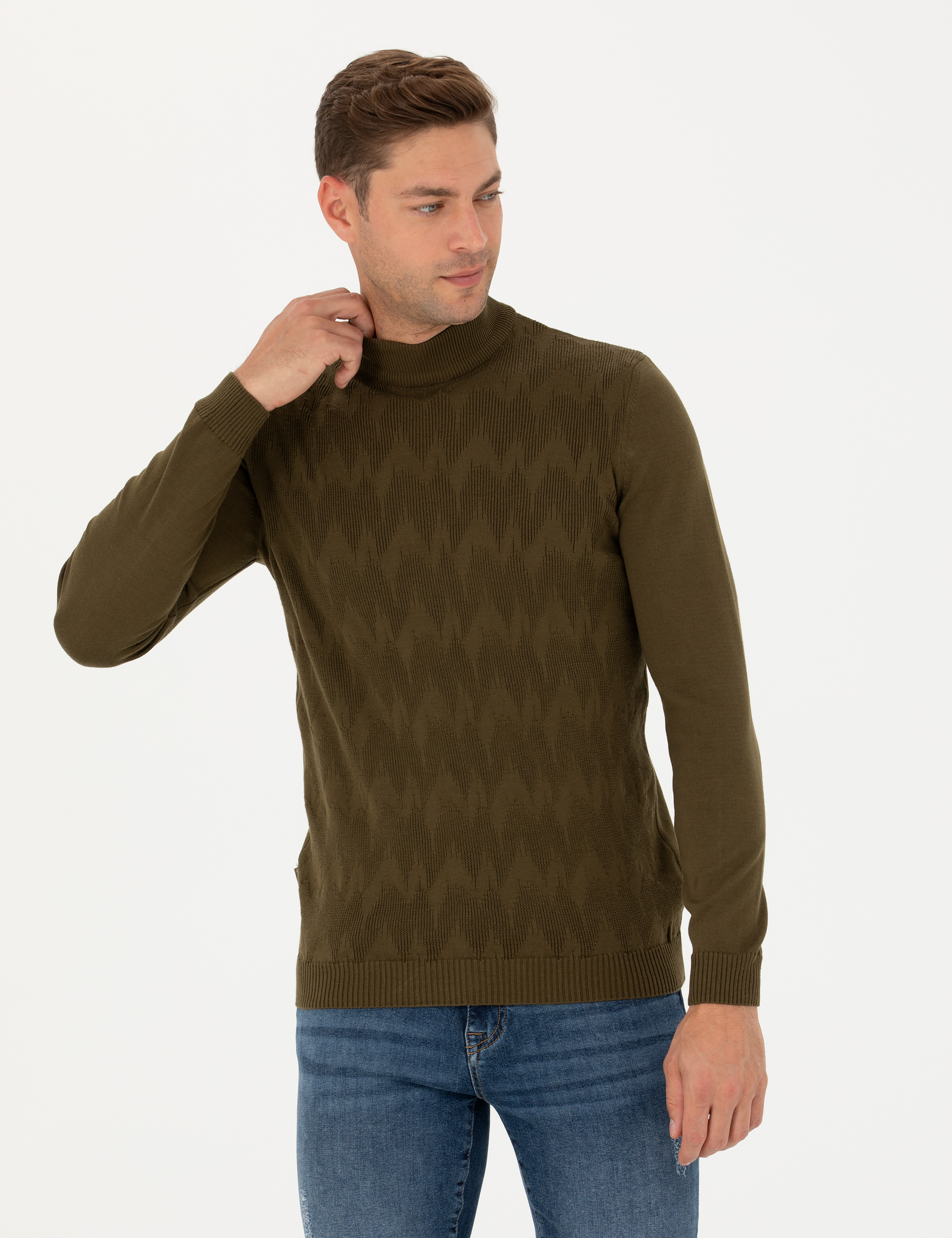 Haki Slim Fit Yarım Balıkçı Yaka Triko Kazak - Image 3
