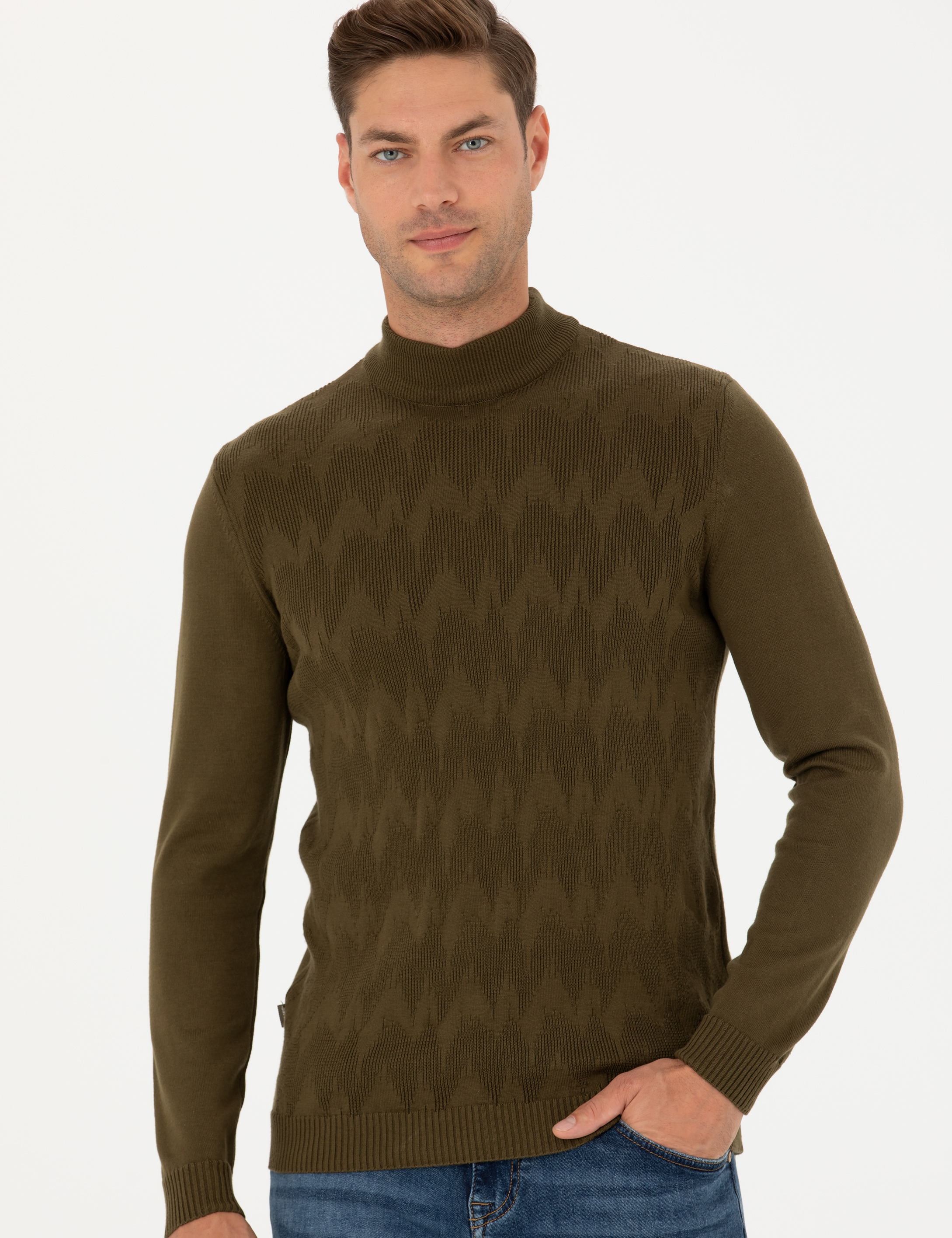 Haki Slim Fit Yarım Balıkçı Yaka Triko Kazak - Image 1