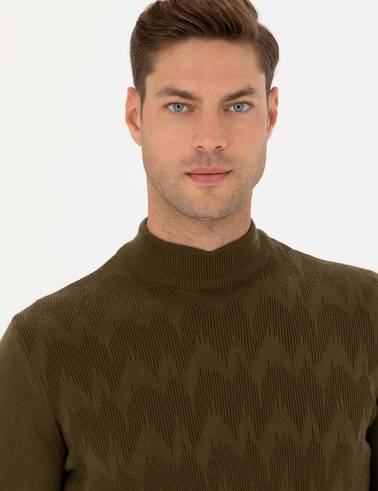 Haki Slim Fit Yarım Balıkçı Yaka Triko Kazak