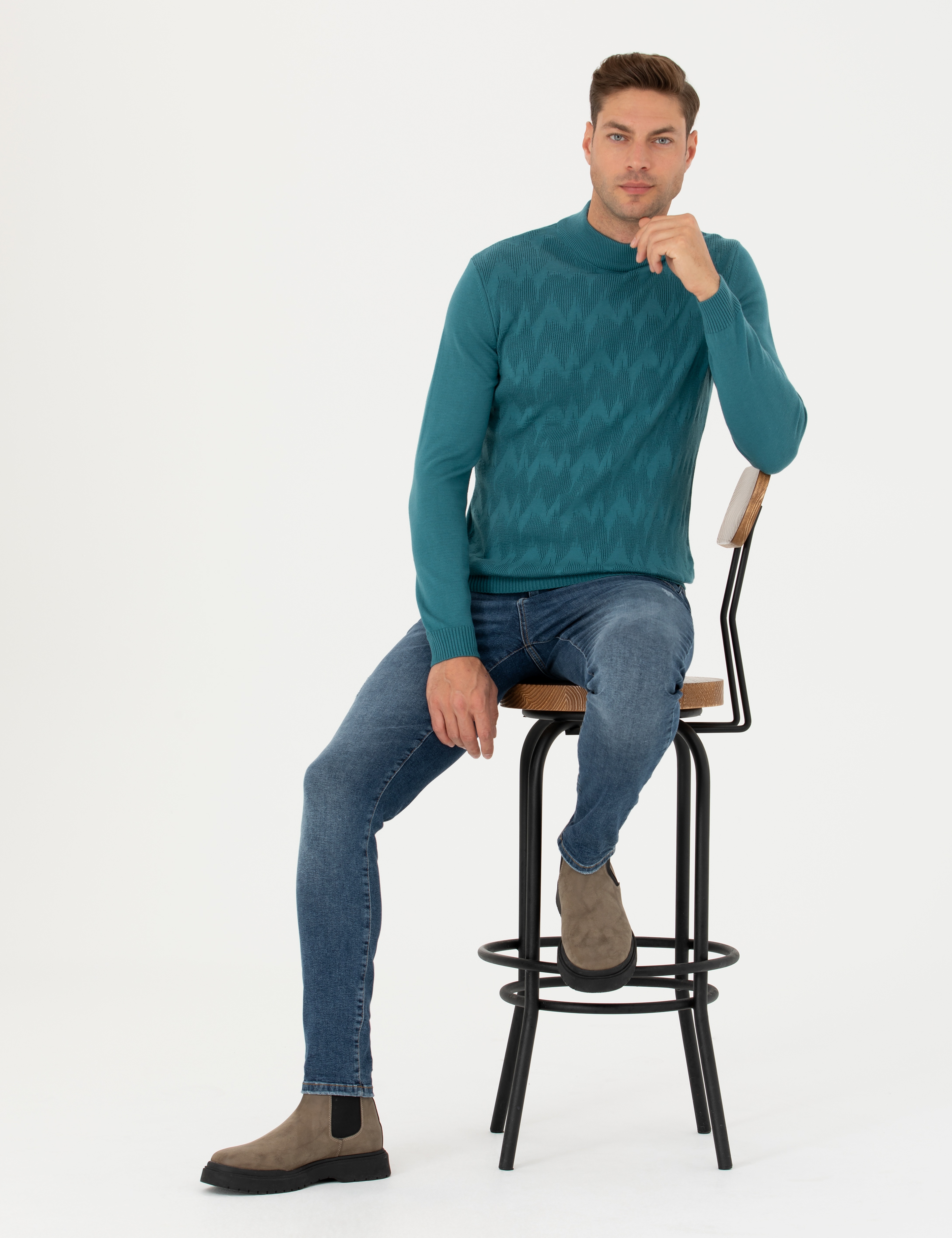 Mavi Slim Fit Yarım Balıkçı Yaka Triko Kazak - Image 1