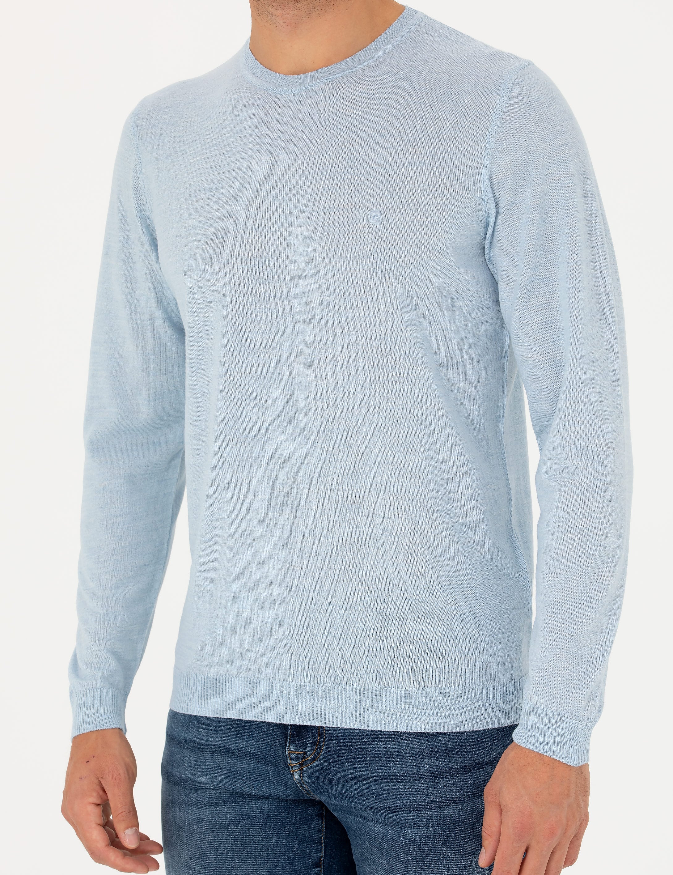 Açık Mavi Slim Fit Bisiklet Yaka Yün Karışımlı Basic Triko Kazak