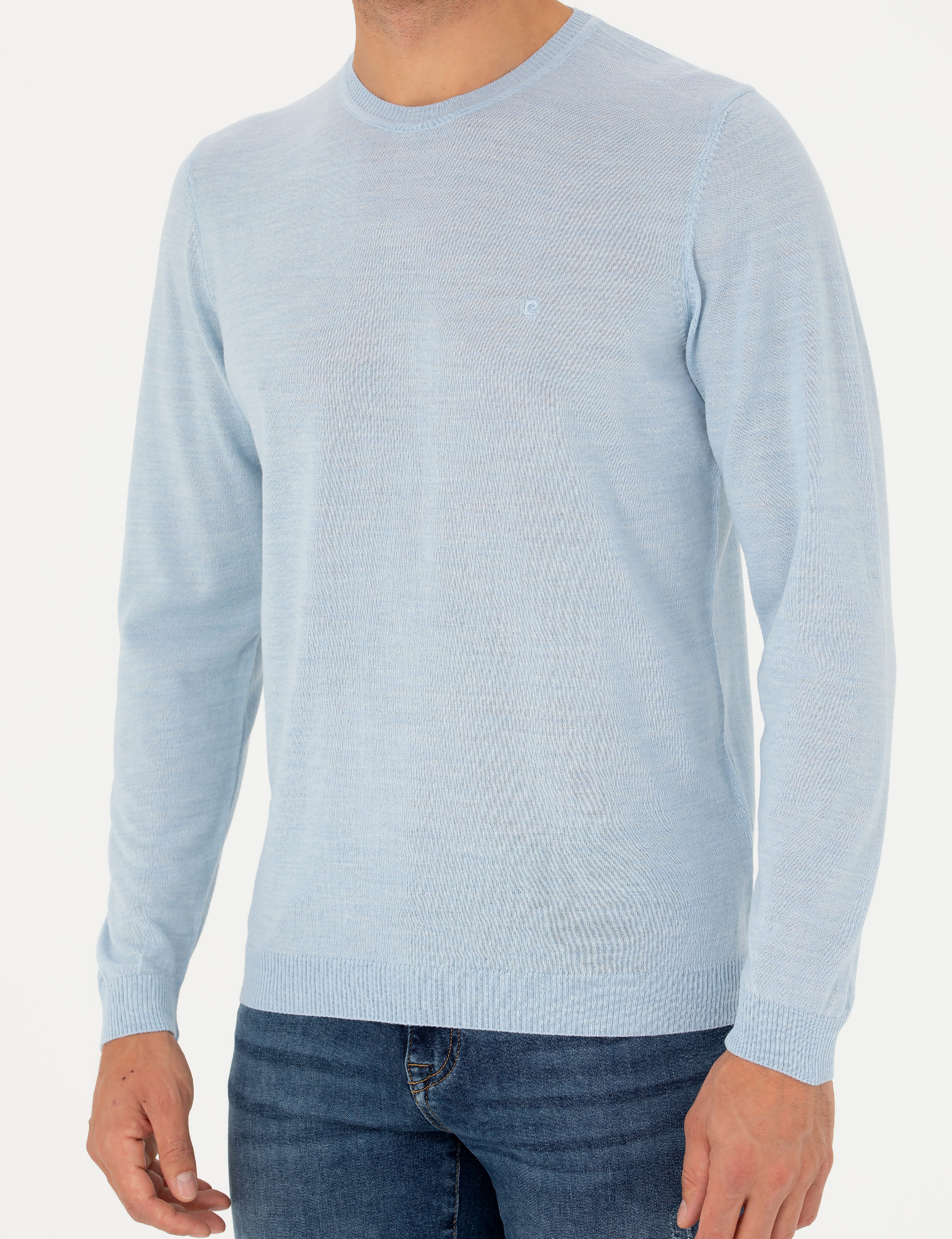 Açık Mavi Slim Fit Bisiklet Yaka Yün Karışımlı Basic Triko Kazak