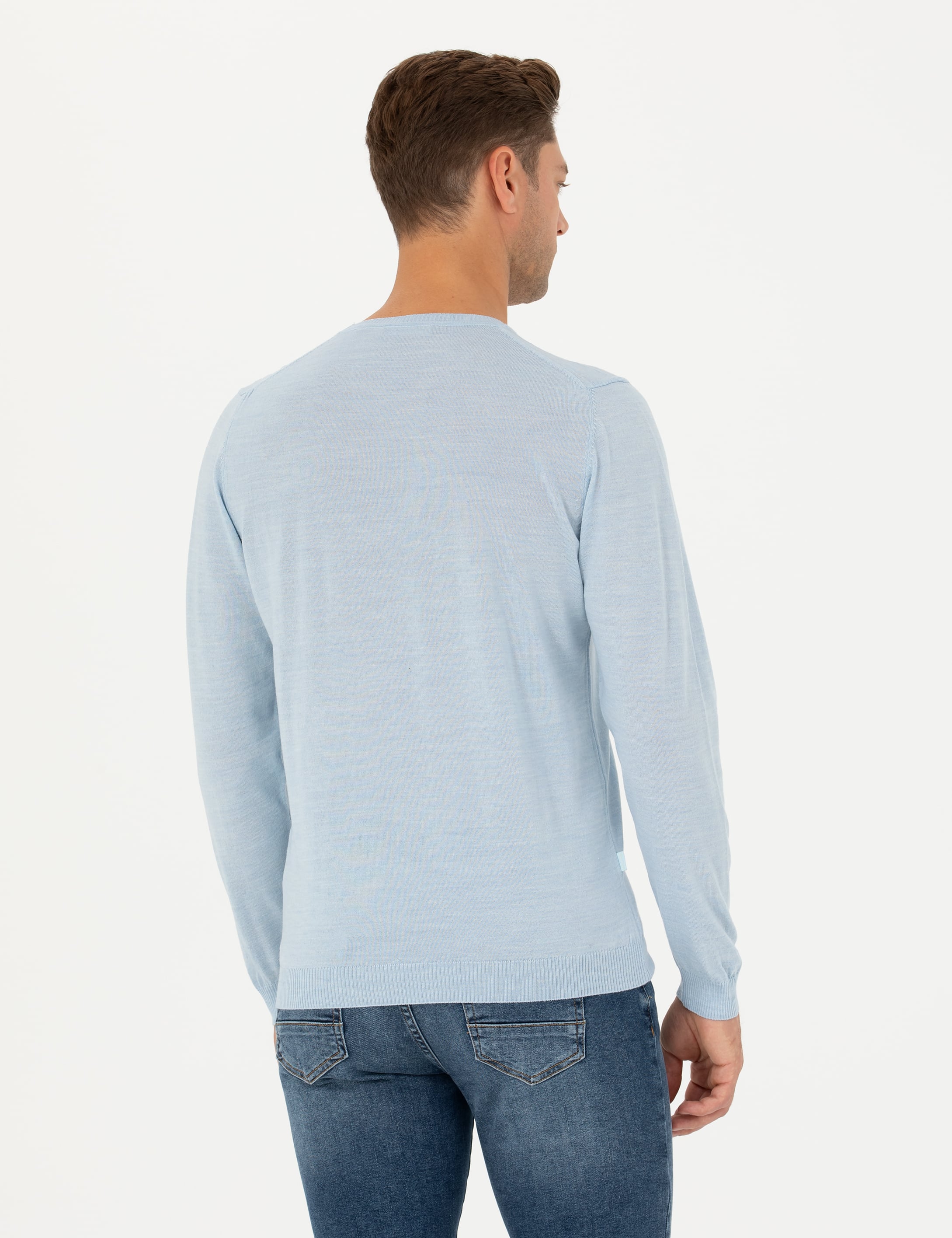 Açık Mavi Slim Fit Bisiklet Yaka Yün Karışımlı Basic Triko Kazak