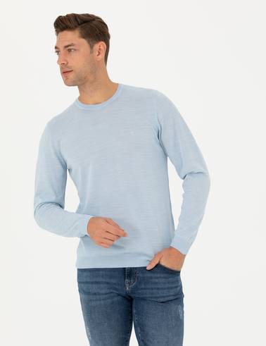 Açık Mavi Slim Fit Bisiklet Yaka Yün Karışımlı Basic Triko Kazak