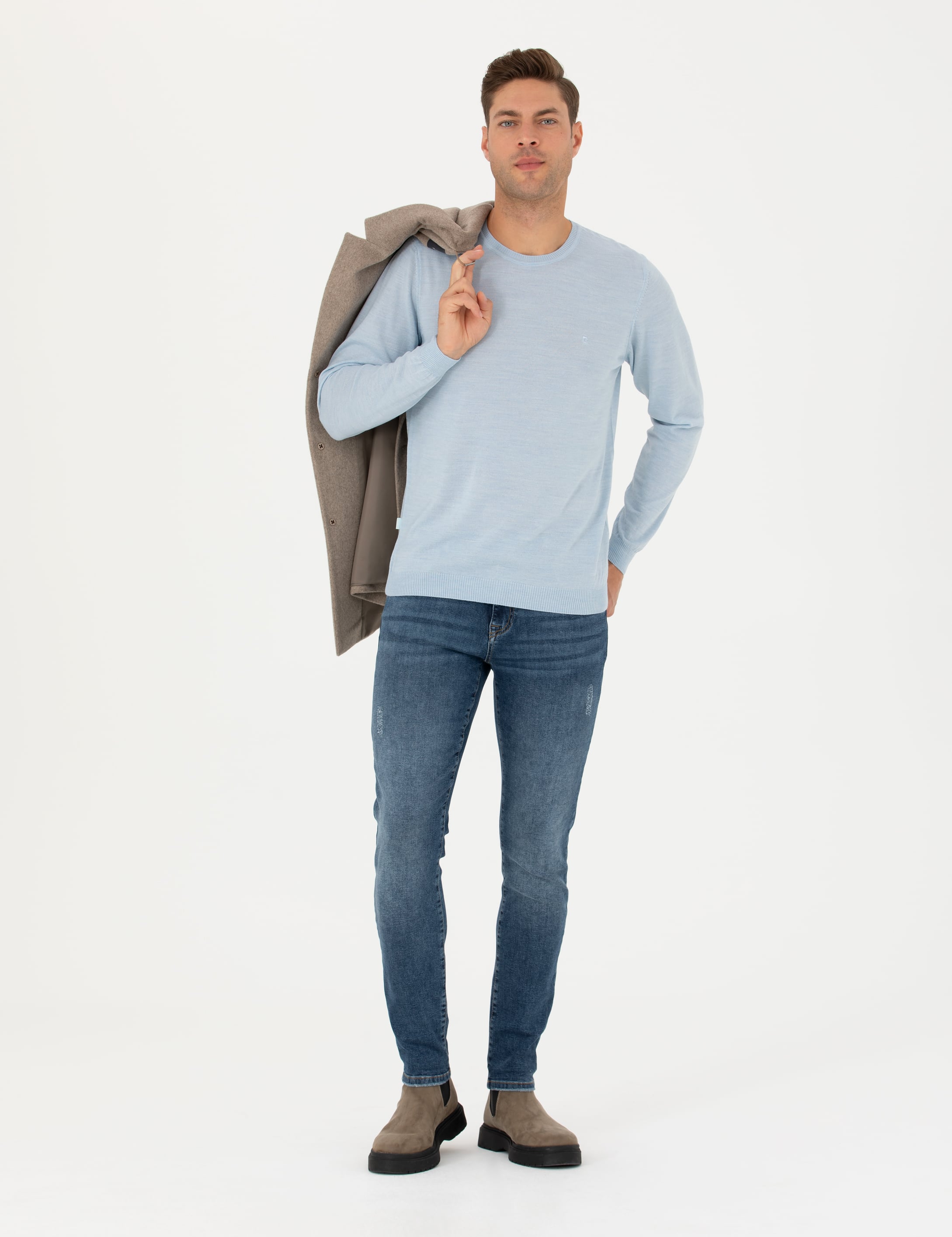 Açık Mavi Slim Fit Bisiklet Yaka Yün Karışımlı Basic Triko Kazak