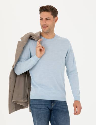 Açık Mavi Slim Fit Bisiklet Yaka Yün Karışımlı Basic Triko Kazak