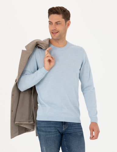 Açık Mavi Slim Fit Bisiklet Yaka Yün Karışımlı Basic Triko Kazak