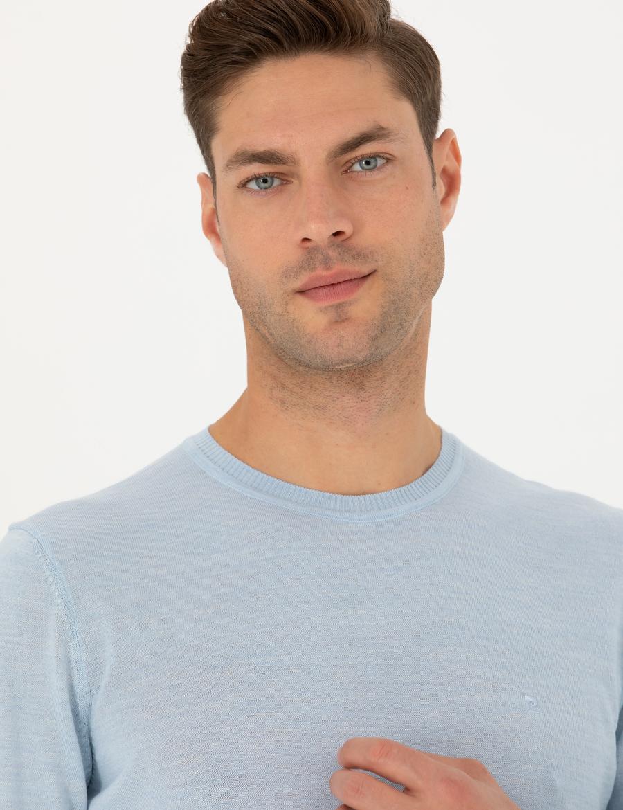 Açık Mavi Slim Fit Bisiklet Yaka Yün Karışımlı Basic Triko Kazak