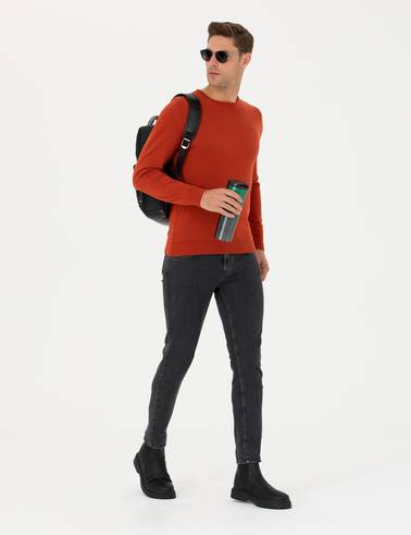 Kiremit Slim Fit Bisiklet Yaka Basic Triko Kazak