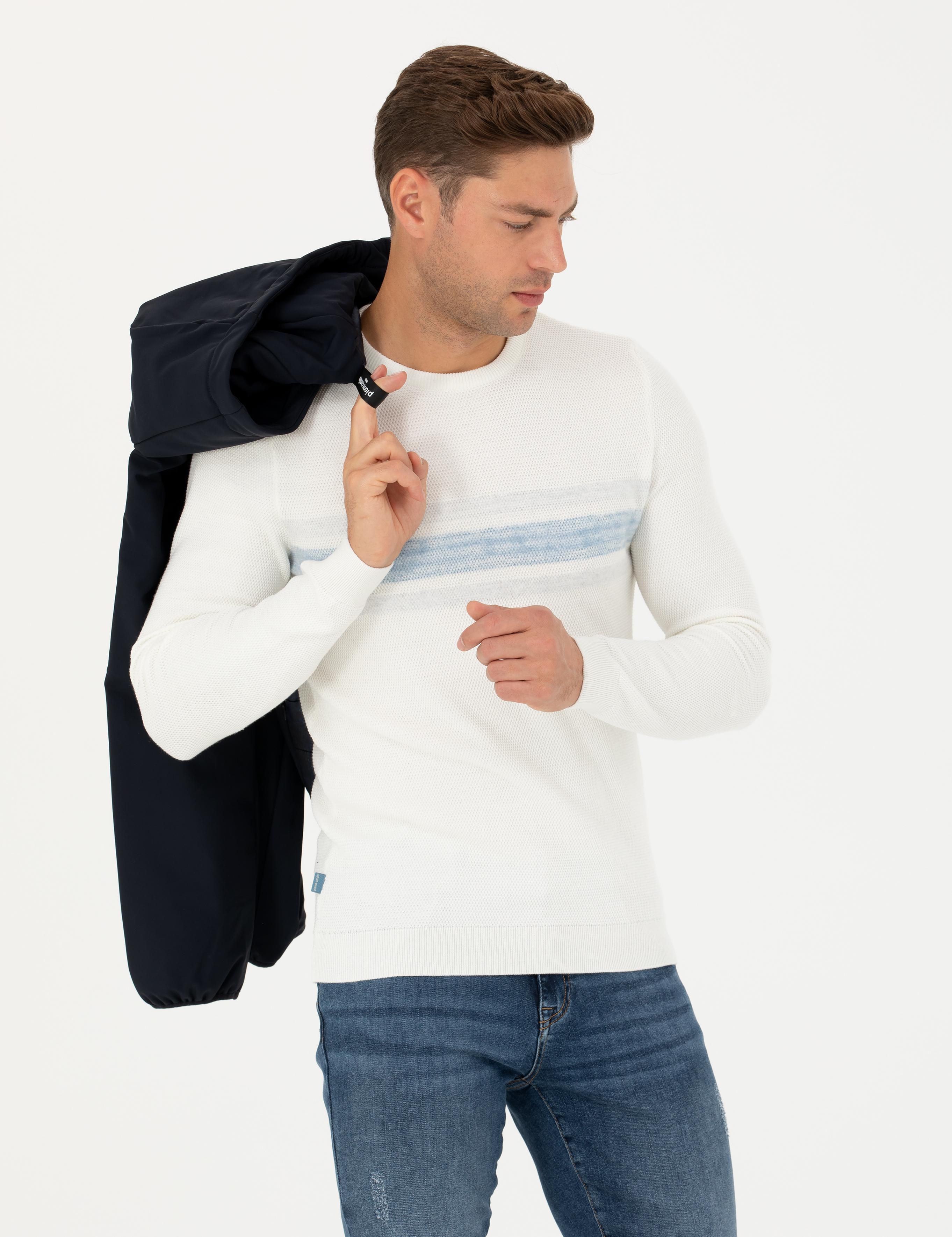 Ekru Slim Fit Bisiklet Yaka Triko Kazak