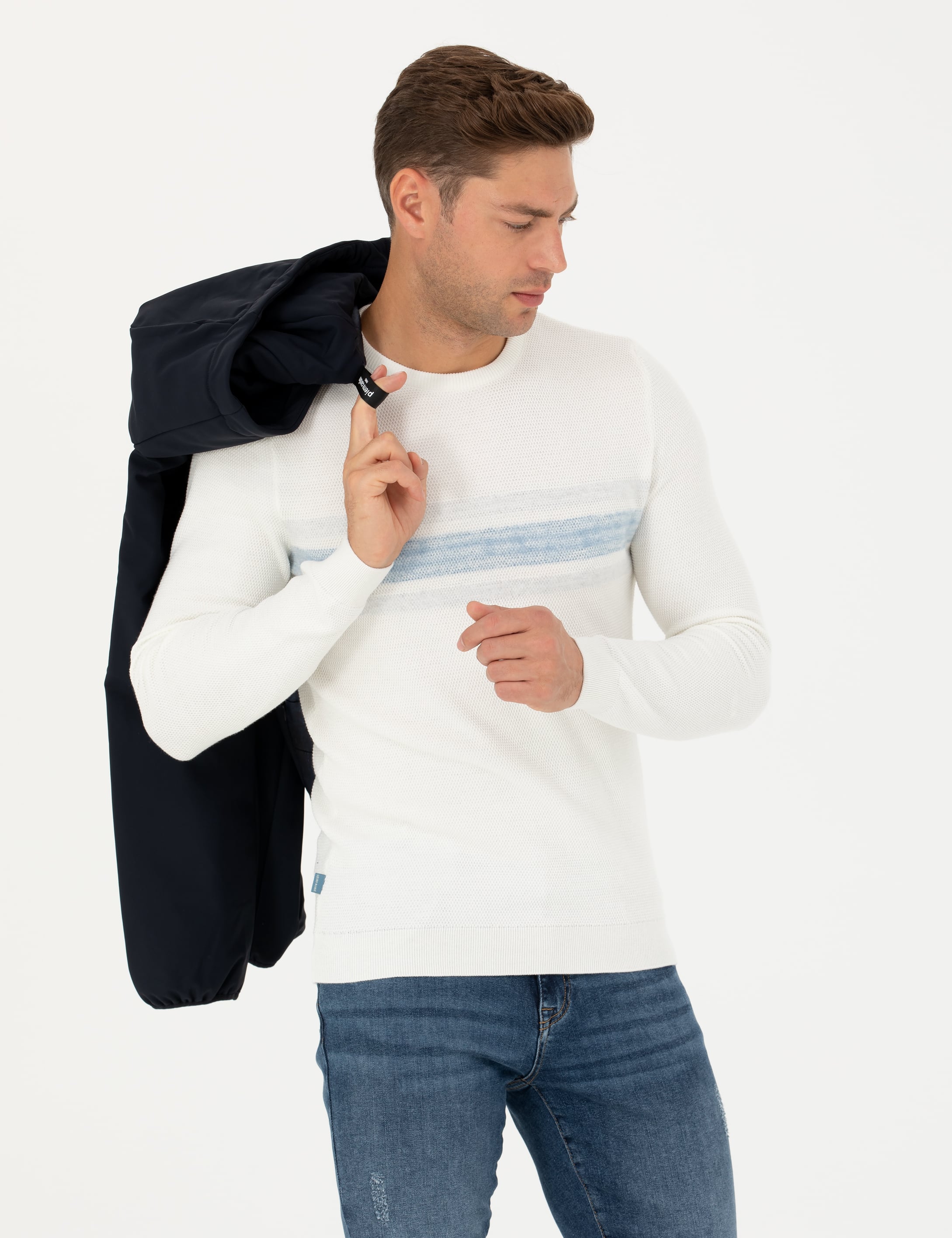 Ekru Slim Fit Bisiklet Yaka Triko Kazak