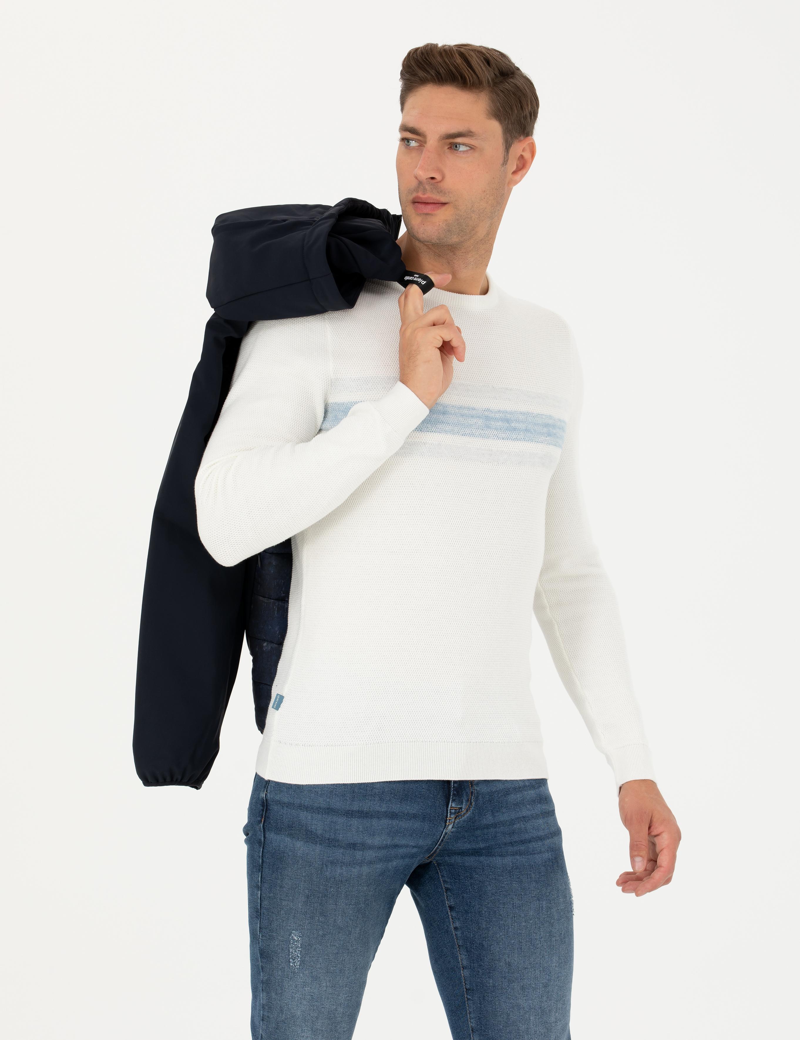 Ekru Slim Fit Bisiklet Yaka Triko Kazak