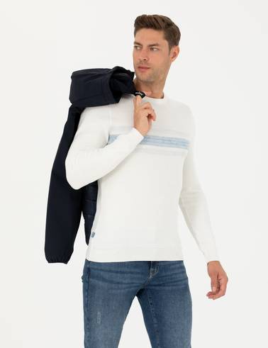 Ekru Slim Fit Bisiklet Yaka Triko Kazak