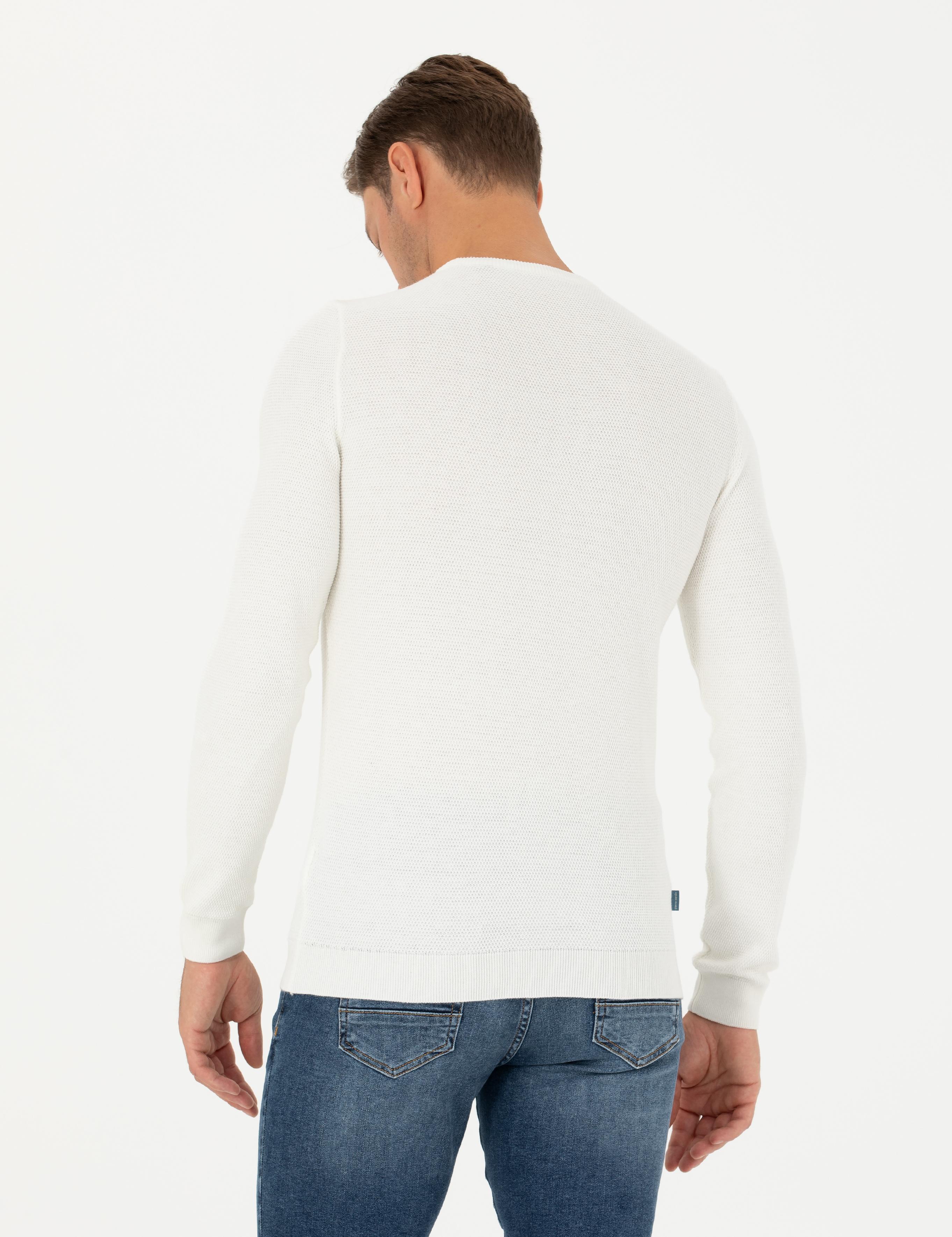 Ekru Slim Fit Bisiklet Yaka Triko Kazak