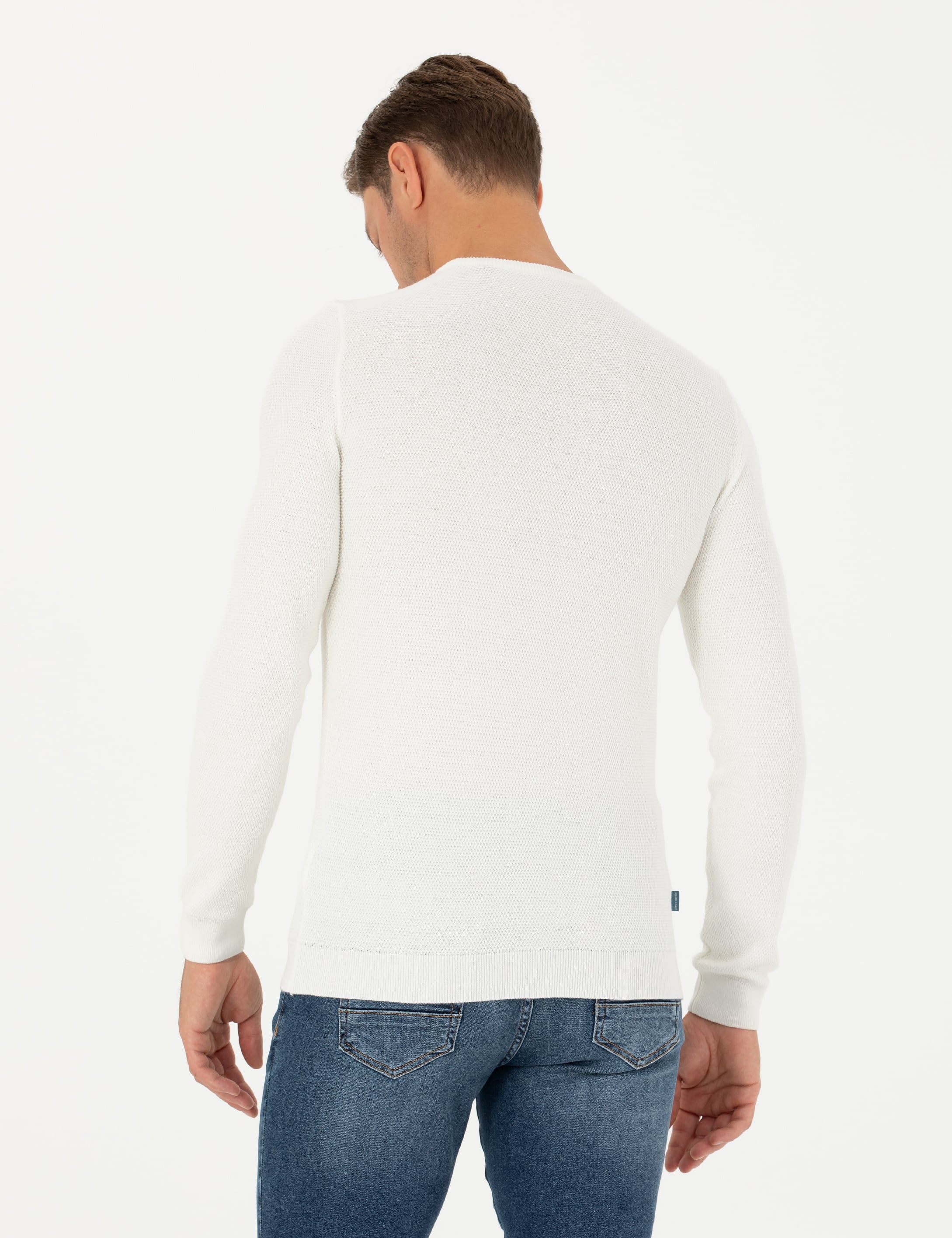 Ekru Slim Fit Bisiklet Yaka Triko Kazak