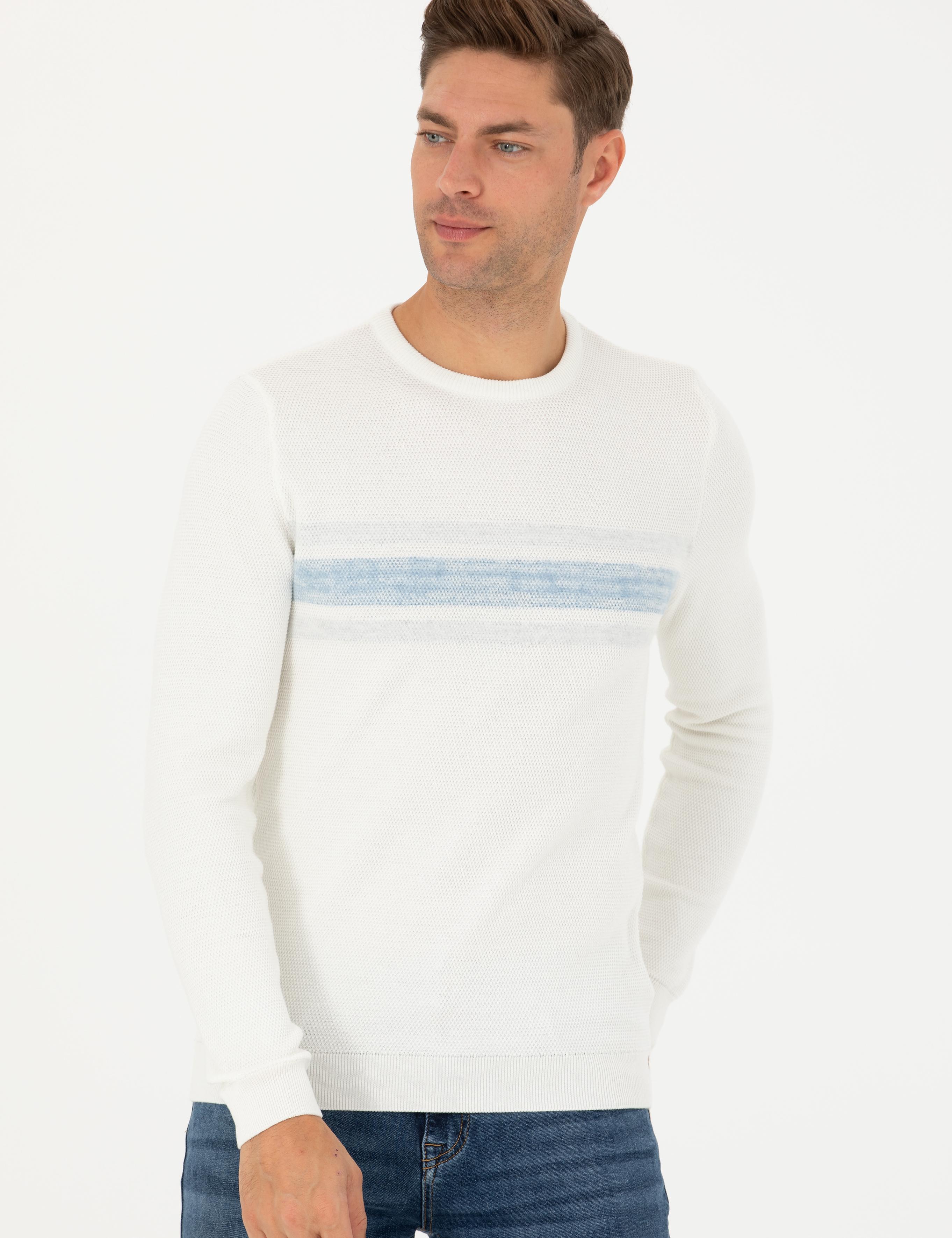 Ekru Slim Fit Bisiklet Yaka Triko Kazak