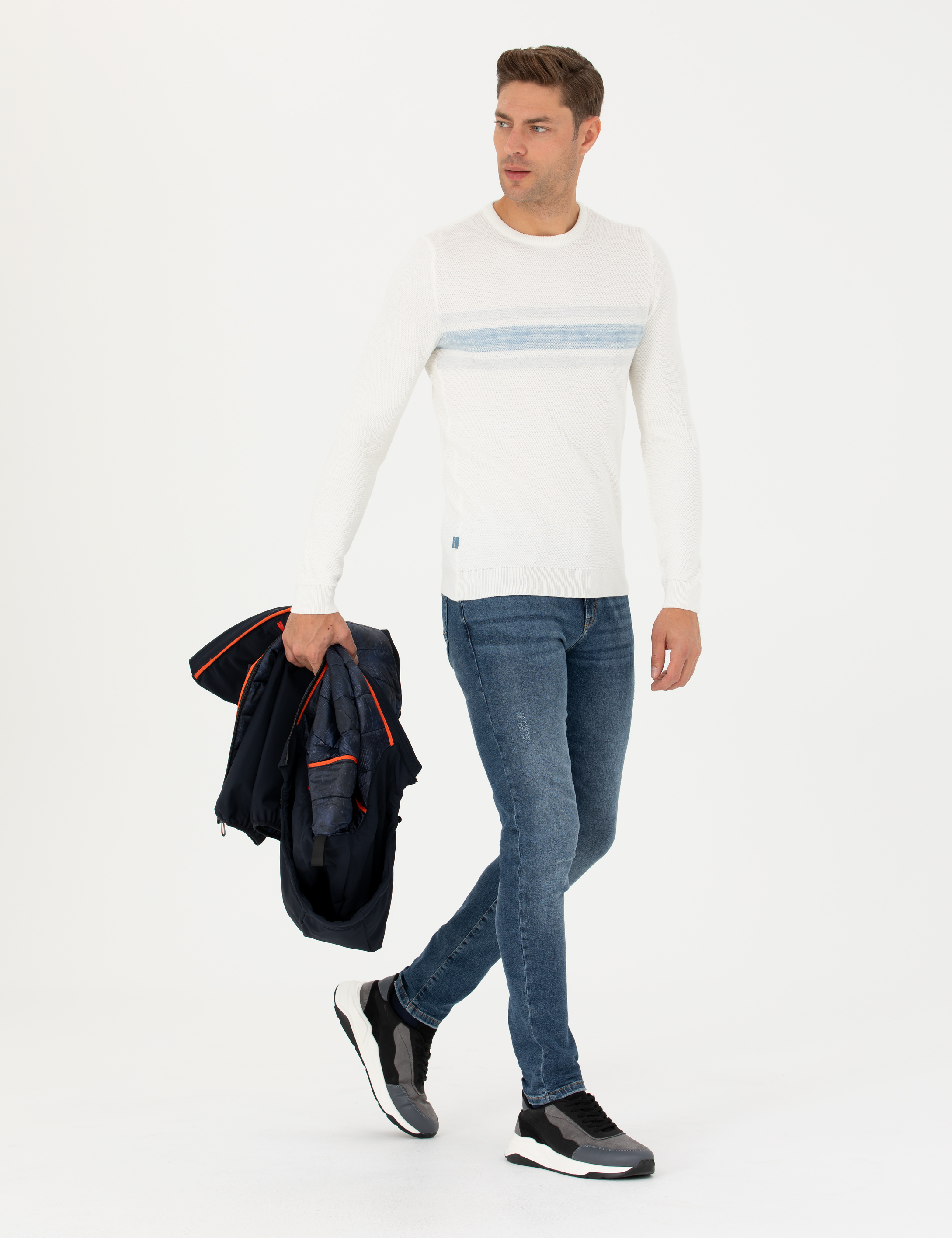 Ekru Slim Fit Bisiklet Yaka Triko Kazak - Image 2