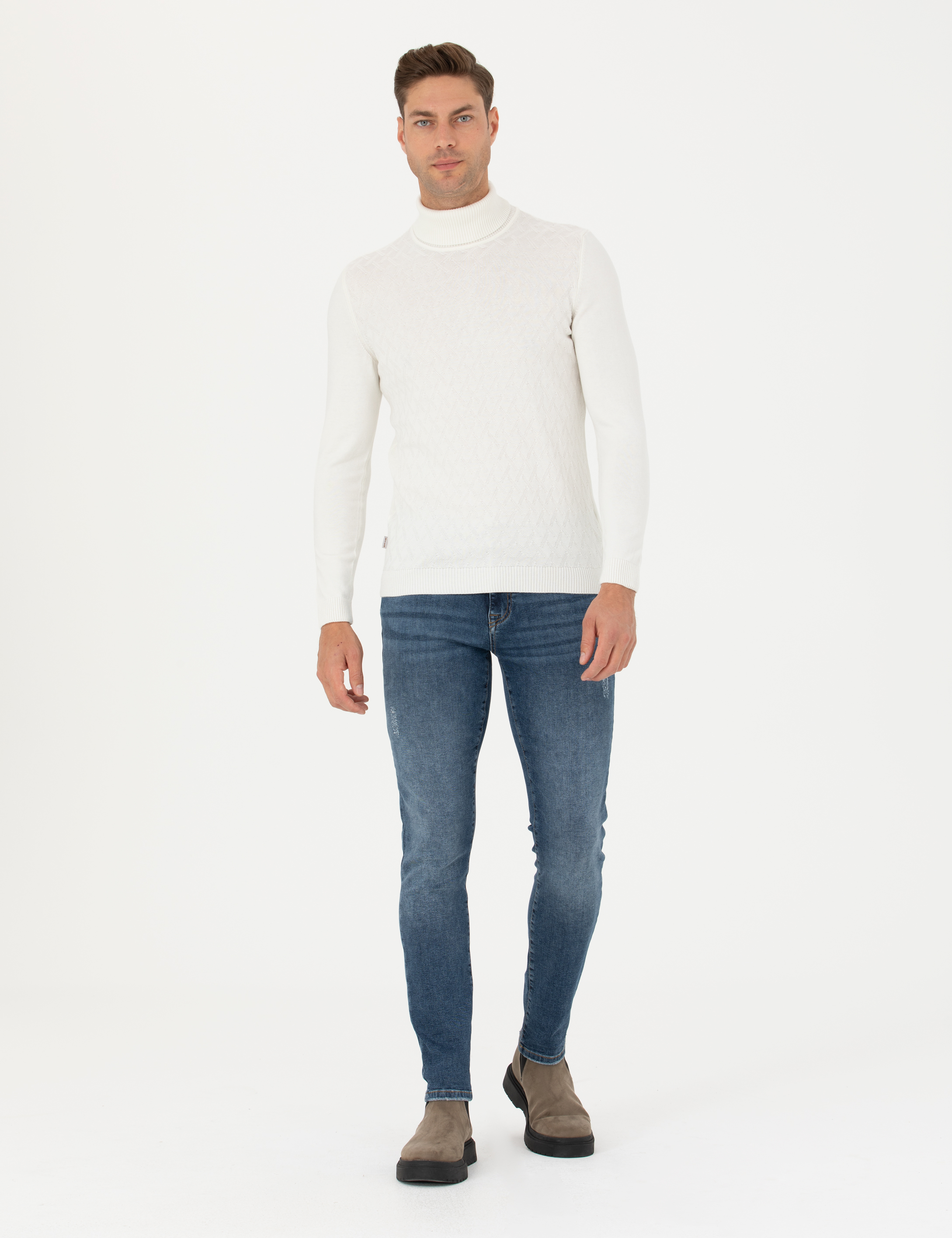 Pierre Cardin Ekru Slim Fit Balıkçı Yaka Triko Kazak görsel 4