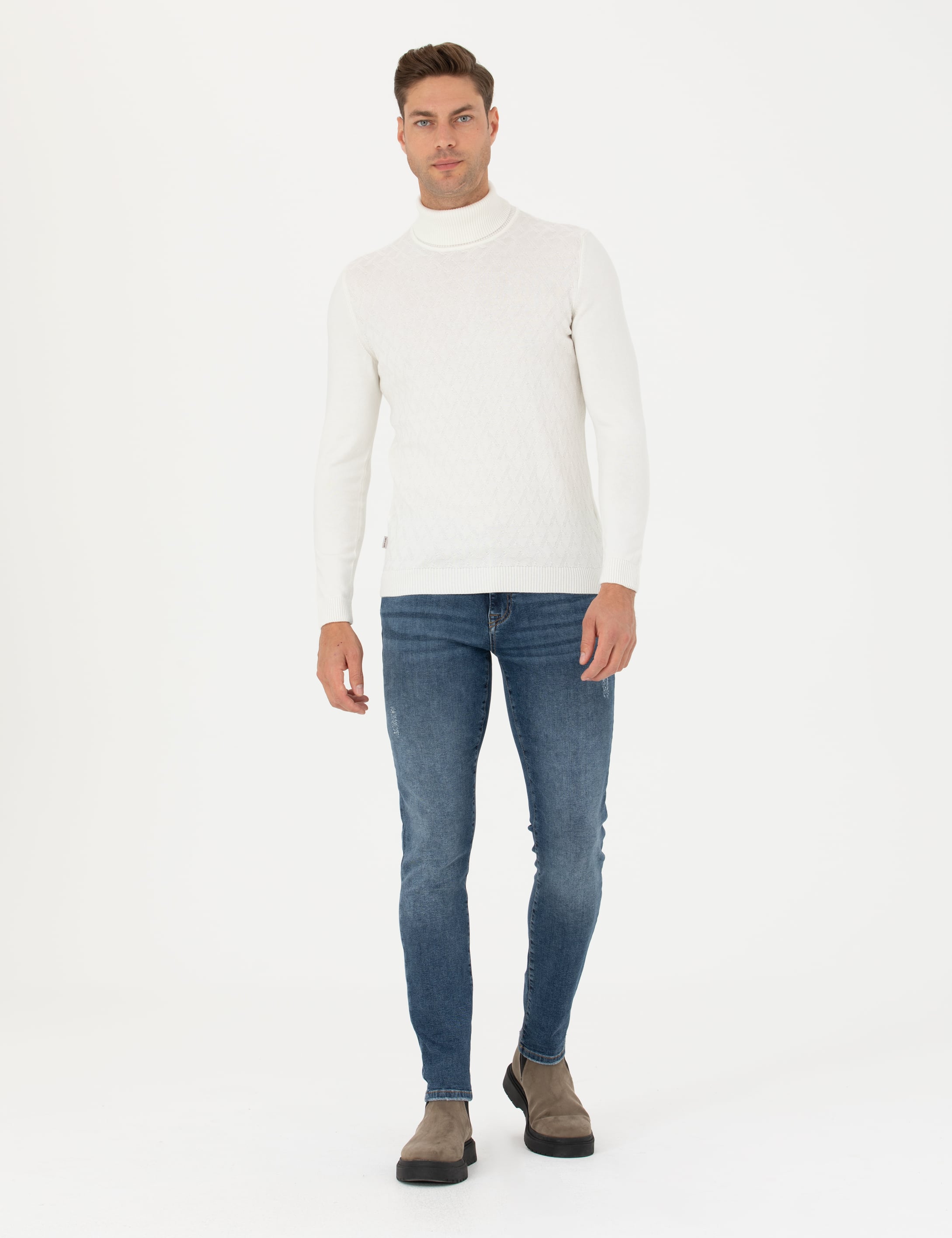 Ekru Slim Fit Balıkçı Yaka Triko Kazak - Image 4
