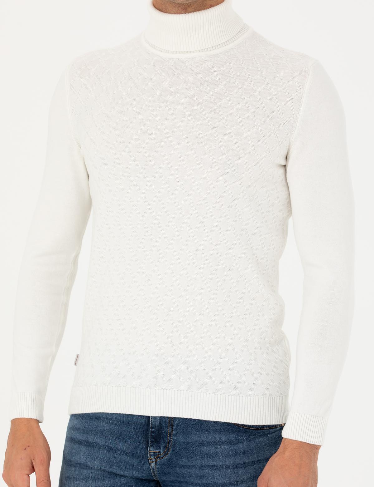 Ekru Slim Fit Balıkçı Yaka Triko Kazak - 50278094001