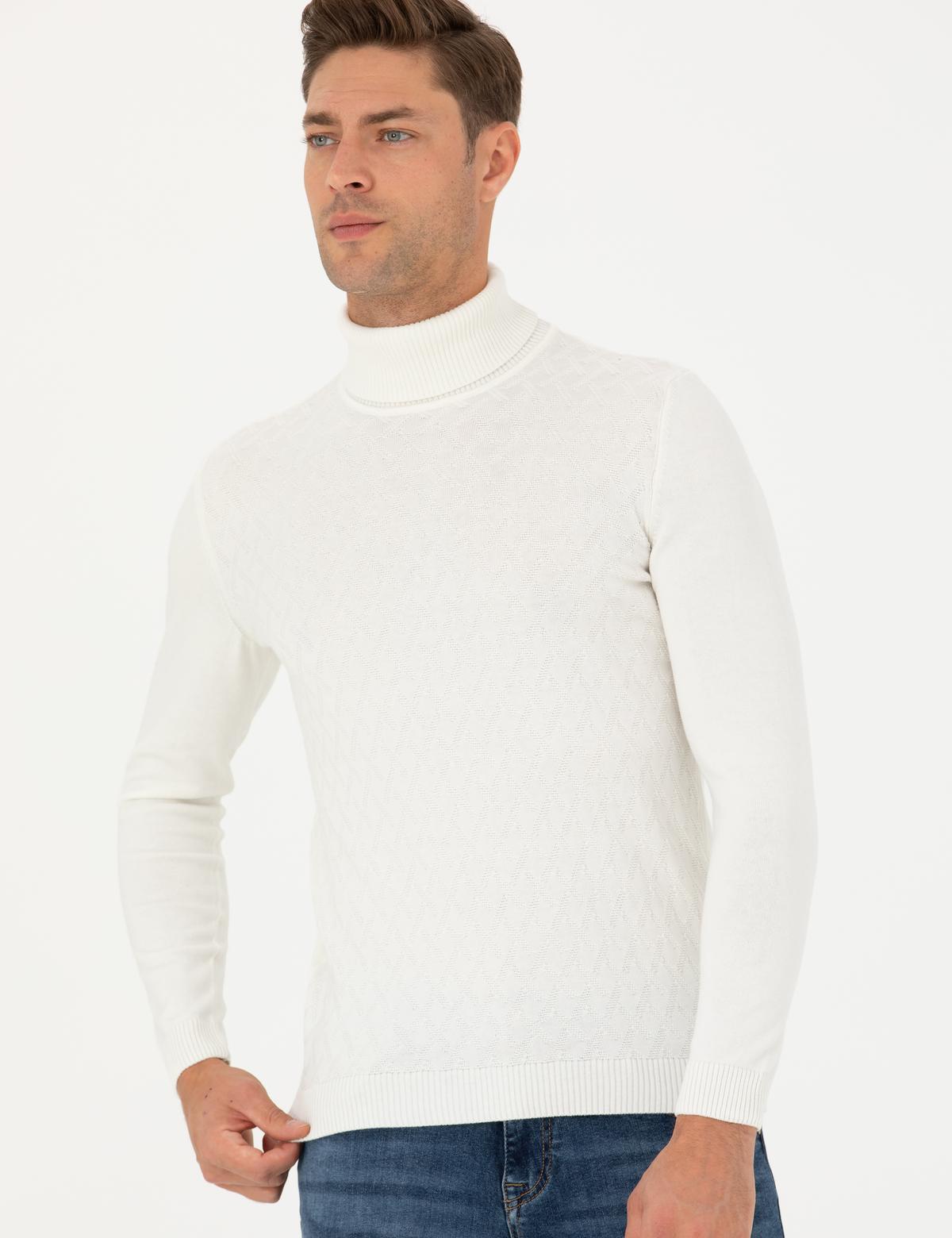 Ekru Slim Fit Balıkçı Yaka Triko Kazak - 50278094001