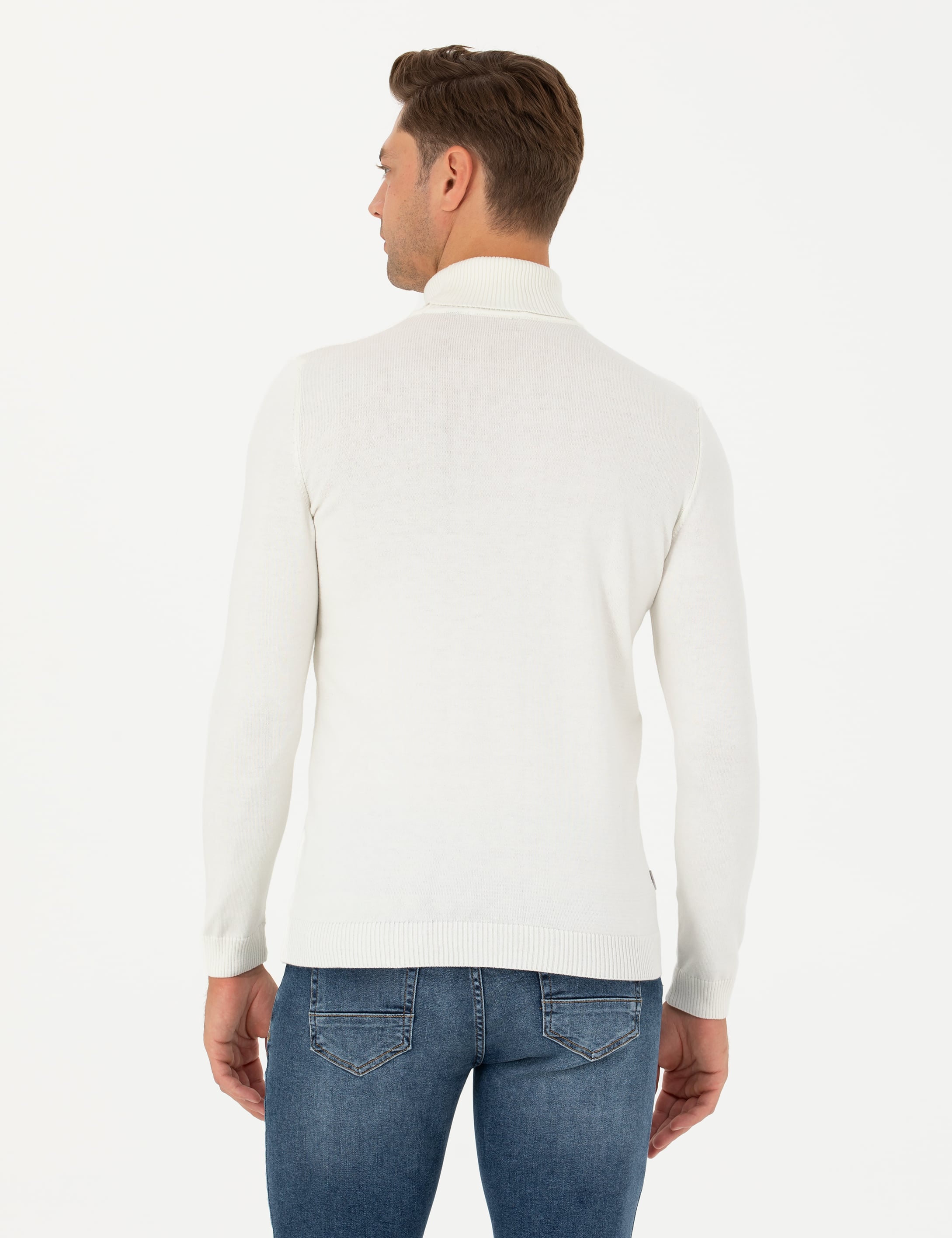 Ekru Slim Fit Balıkçı Yaka Triko Kazak - Image 5
