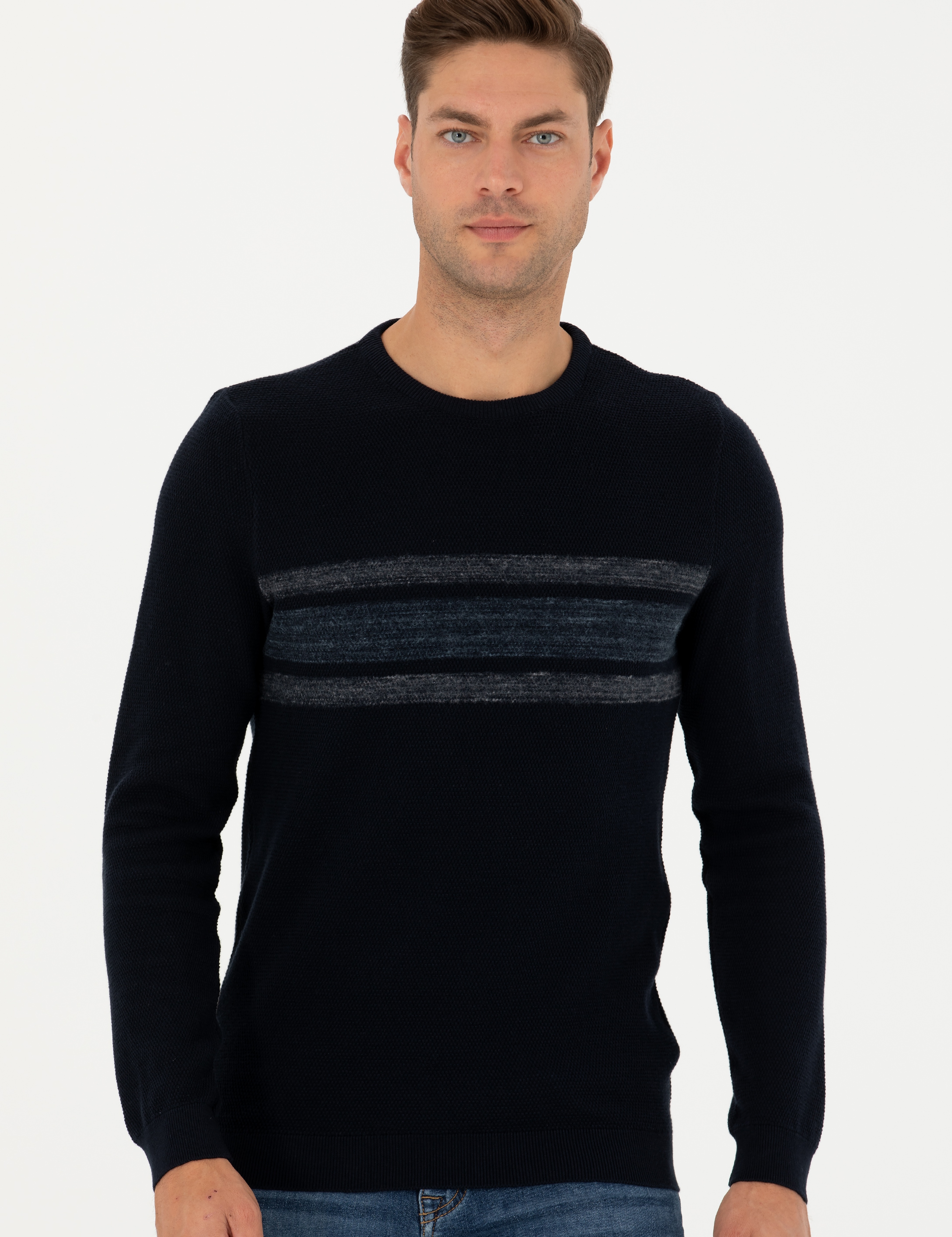 Koyu Lacivert Slim Fit Bisiklet Yaka Triko Kazak