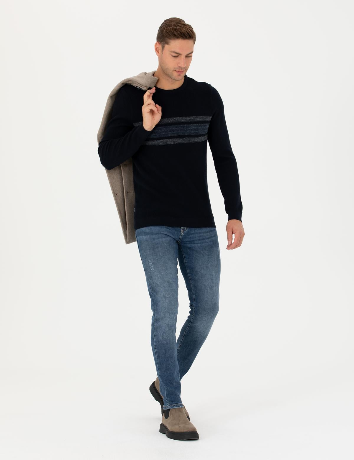 Koyu Lacivert Slim Fit Bisiklet Yaka Triko Kazak - 50278095018