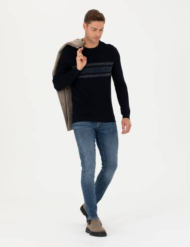 Koyu Lacivert Slim Fit Bisiklet Yaka Triko Kazak
