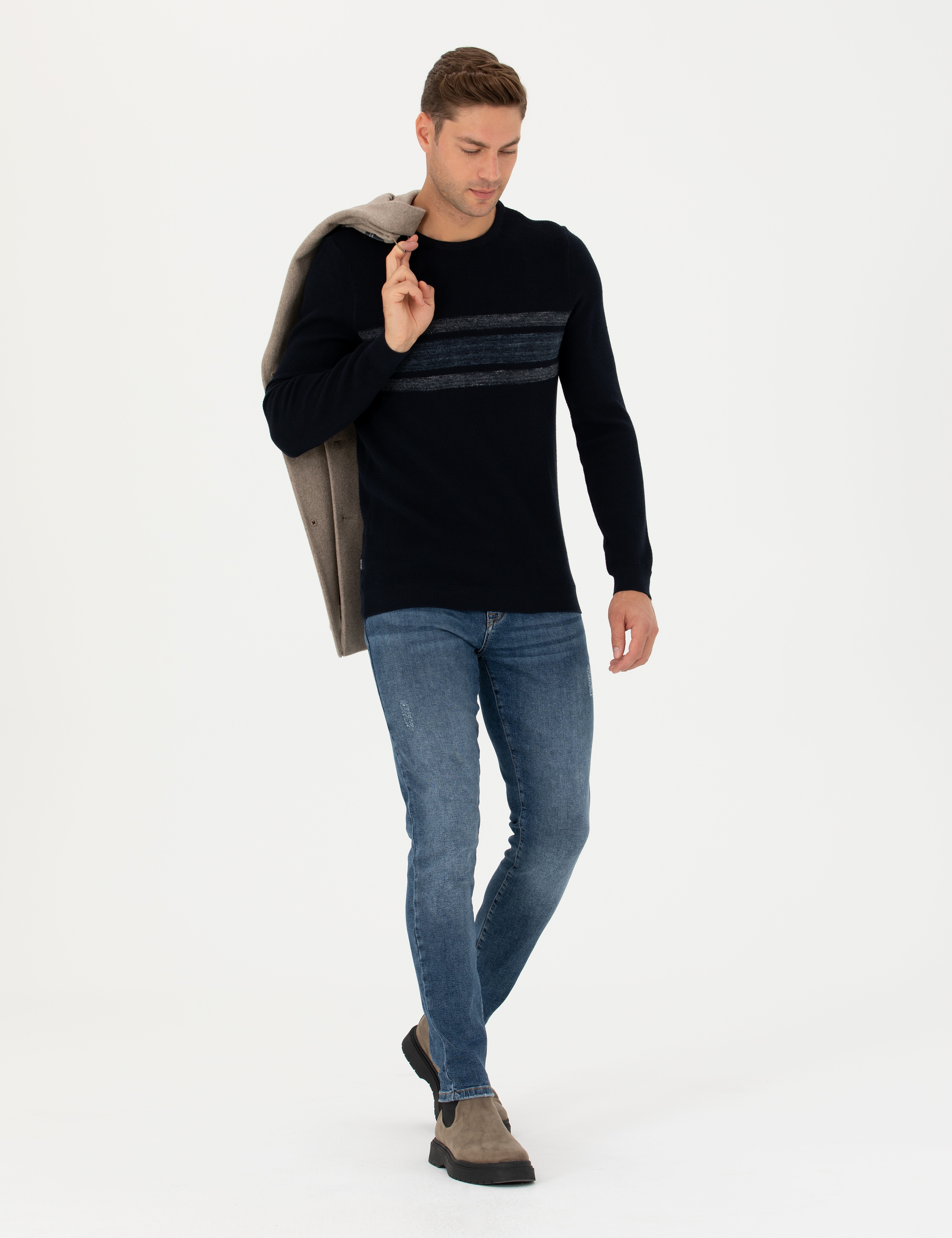 Koyu Lacivert Slim Fit Bisiklet Yaka Triko Kazak
