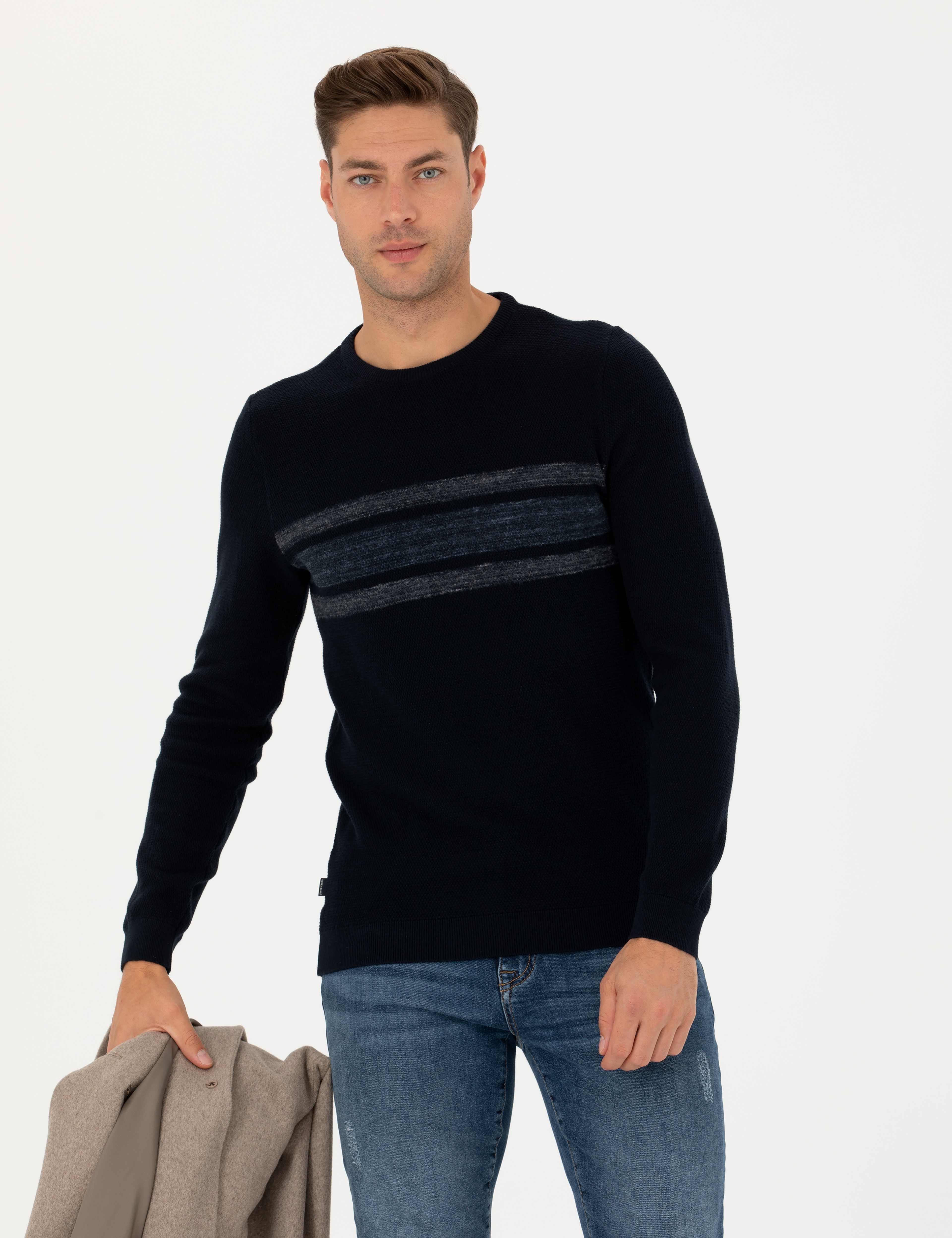 Koyu Lacivert Slim Fit Bisiklet Yaka Triko Kazak - Image 1